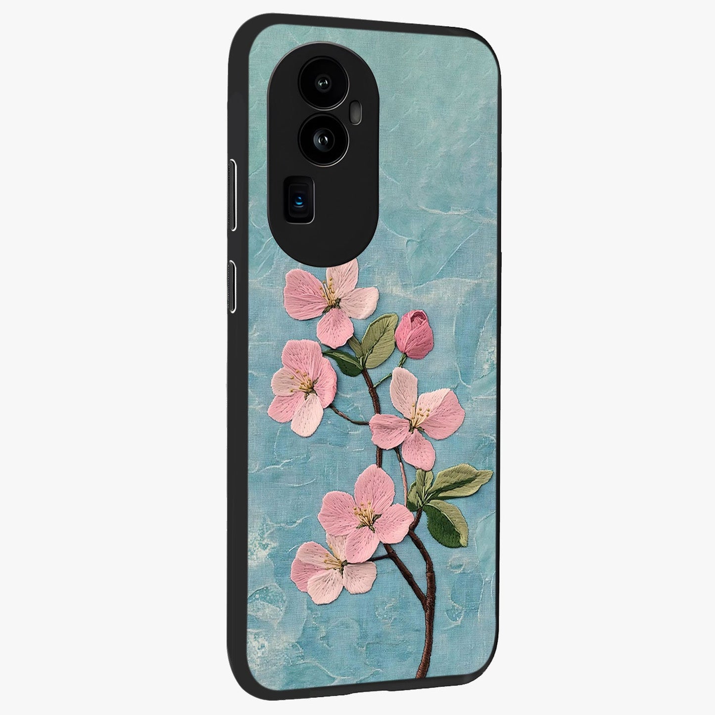Threaded Blossom Breeze Glass Case upright view showcasing graceful flower artwork with calm botanical theme.