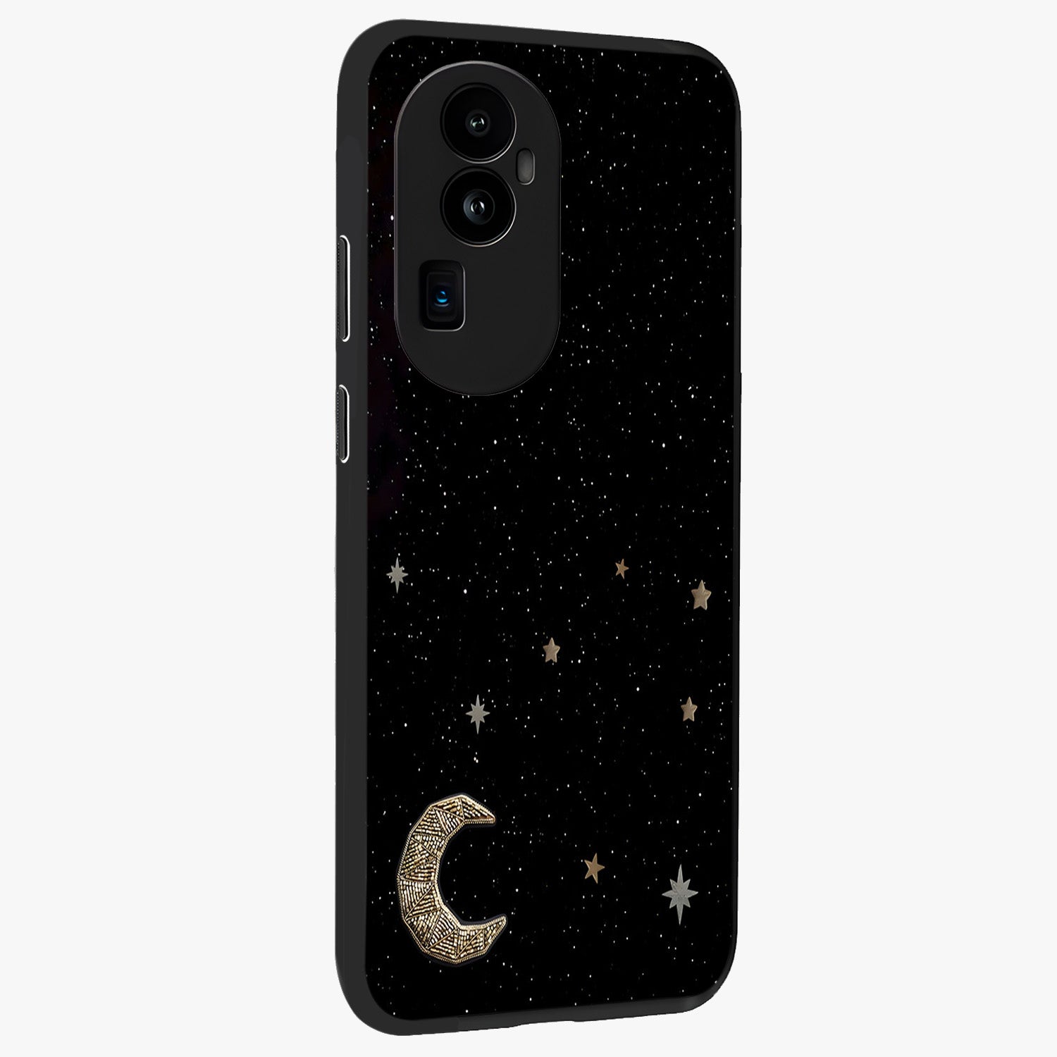 Twinkle Star With Half Moon Glass Case upright view showcasing glowing cosmic artwork with dreamy night theme.