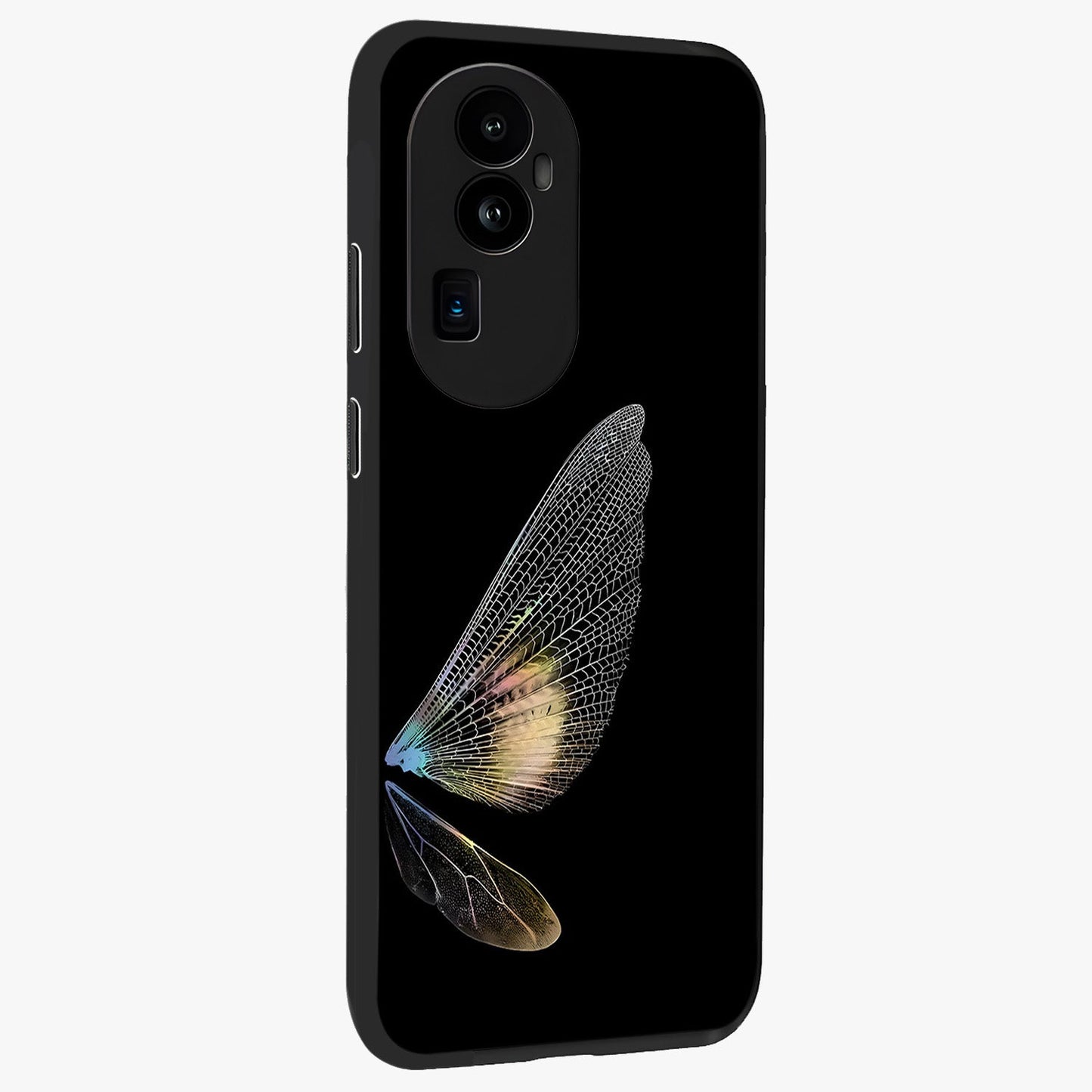 Whispers Of Wings Glass Case upright view showcasing elegant wing artwork with light airy theme.