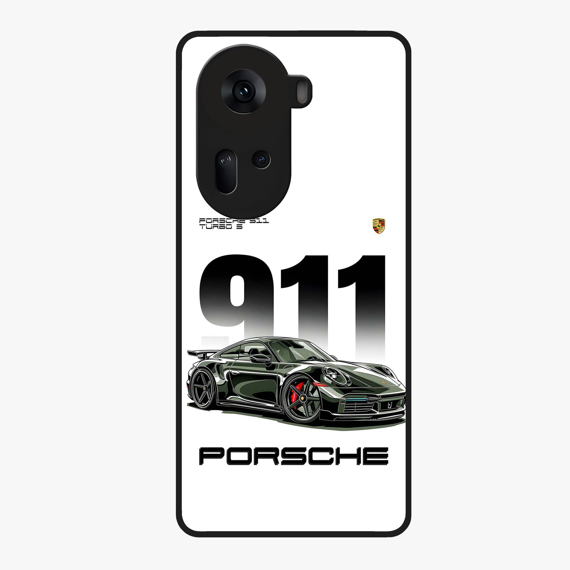 911 Turbo Dominance Glass Case showing clean flat back view with bold 911 sports car artwork and glossy glass finish.