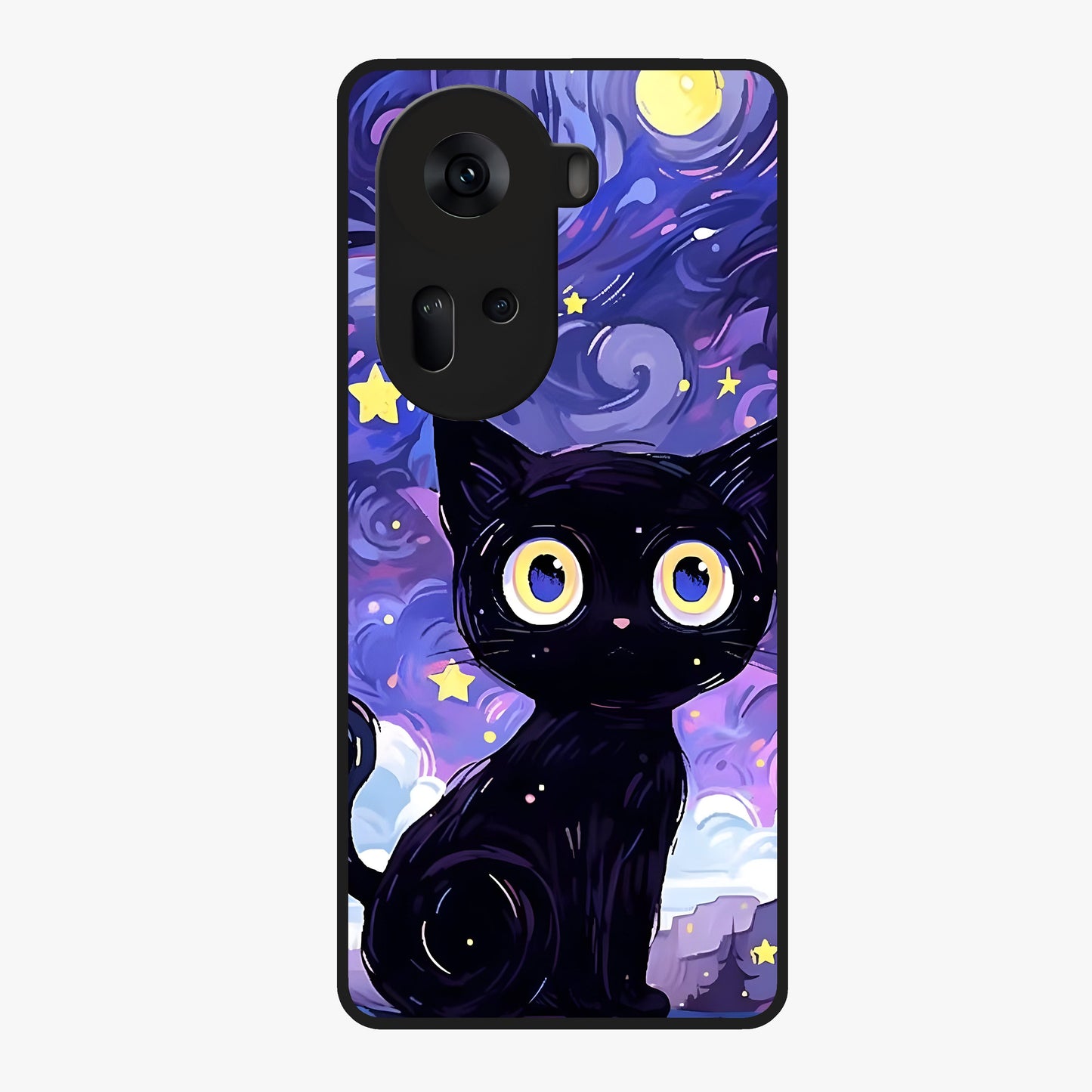 Abstract Cat Art Glass Case showing flat back view with artistic cat illustration and glossy glass finish.