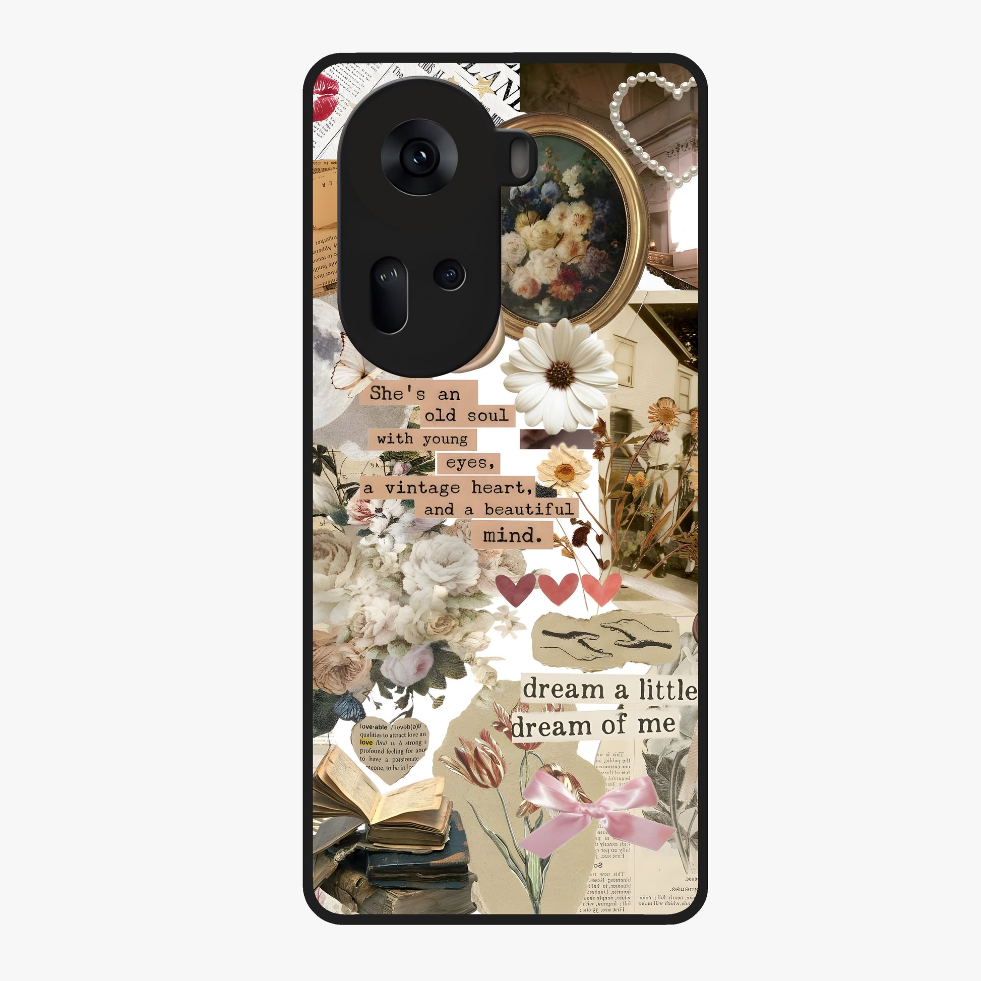 Aesthetic Brown Vintage Collage Glass Case showing flat back view with retro collage artwork and glossy glass finish.