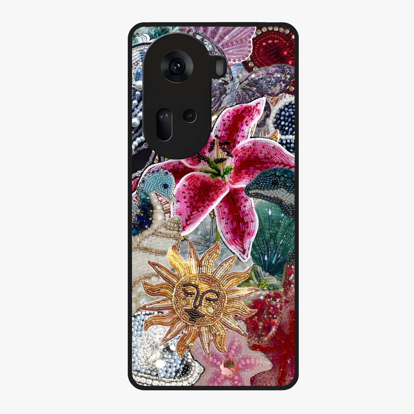 Beaded Garden Fantasy Glass Case showing flat back view with dreamy garden bead artwork and glossy glass finish.