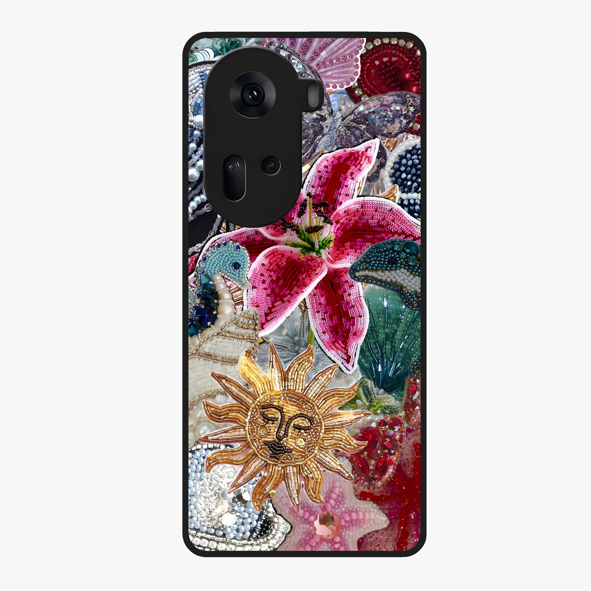 Beaded Garden Fantasy Glass Case showing flat back view with dreamy garden bead artwork and glossy glass finish.