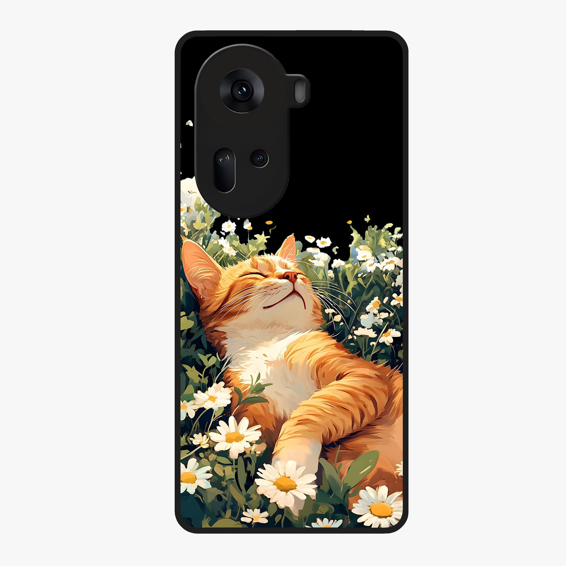 Blissful Bloom Cat Glass Case showing flat back view with cute cat and floral bloom artwork and glossy glass finish.