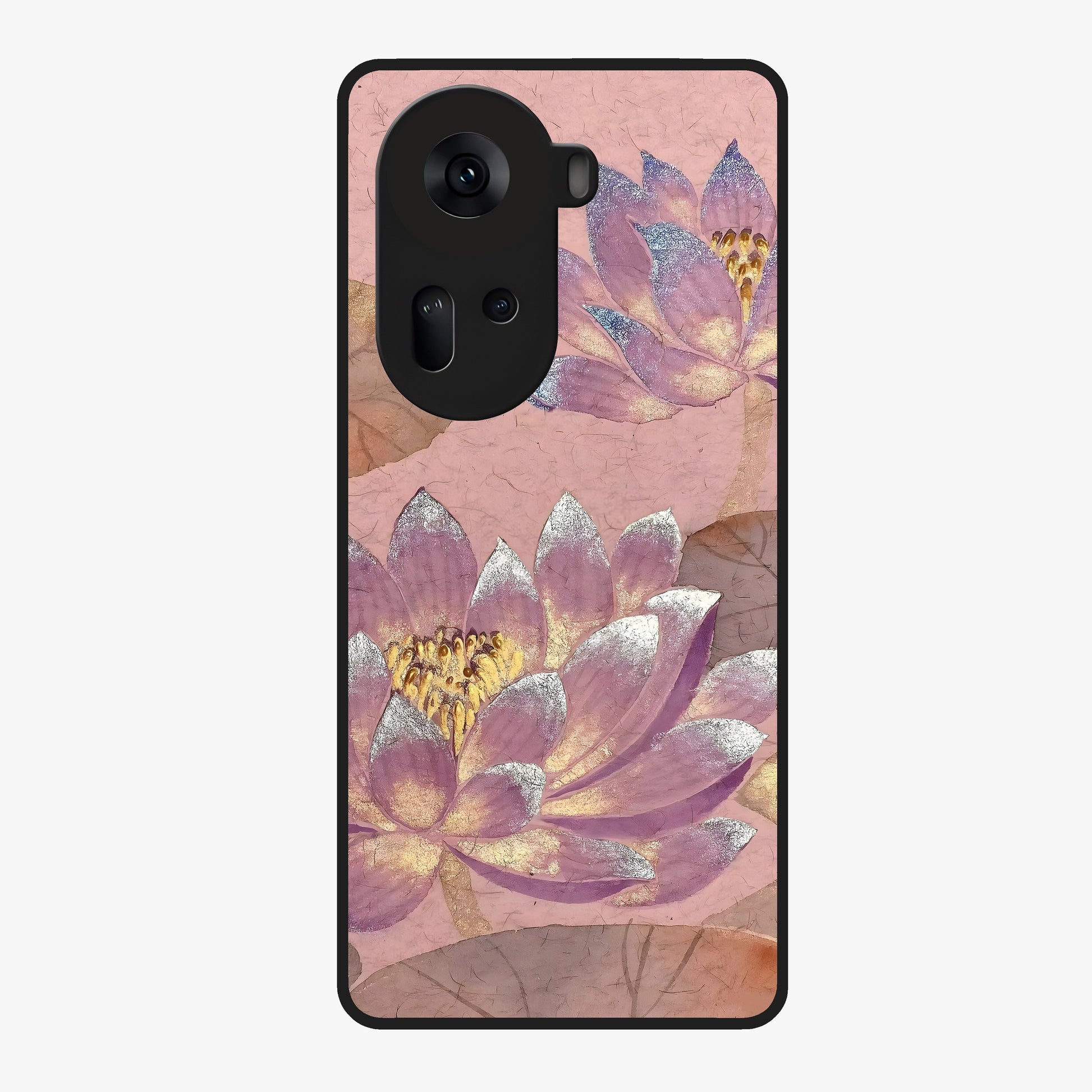 Blossom Mist Lotus Glass Case showing flat back view with serene lotus blossom artwork and glossy glass finish.