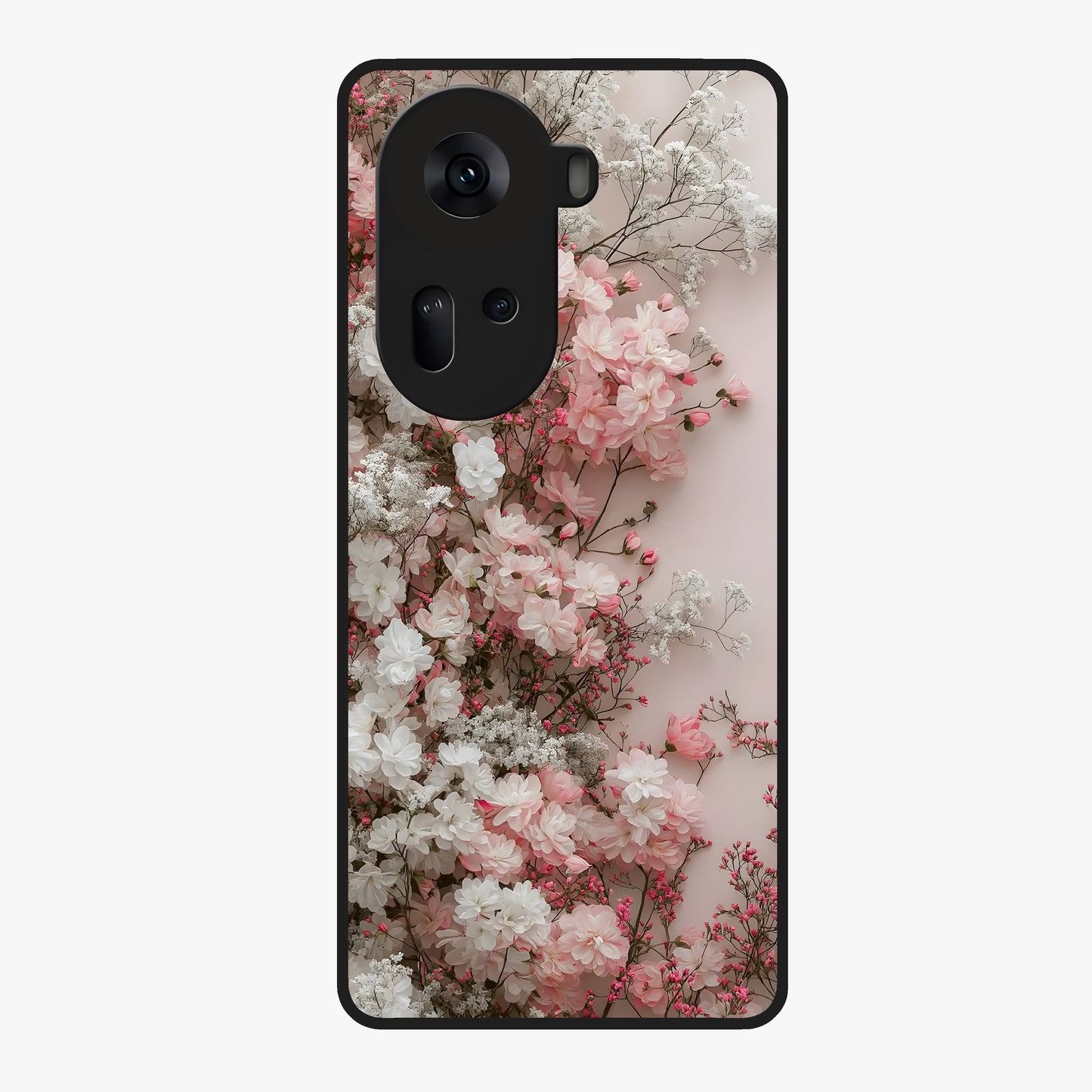 Blush Blossom Cloud Glass Case showing flat back view with dreamy blush cloud blossom artwork and glossy glass finish.