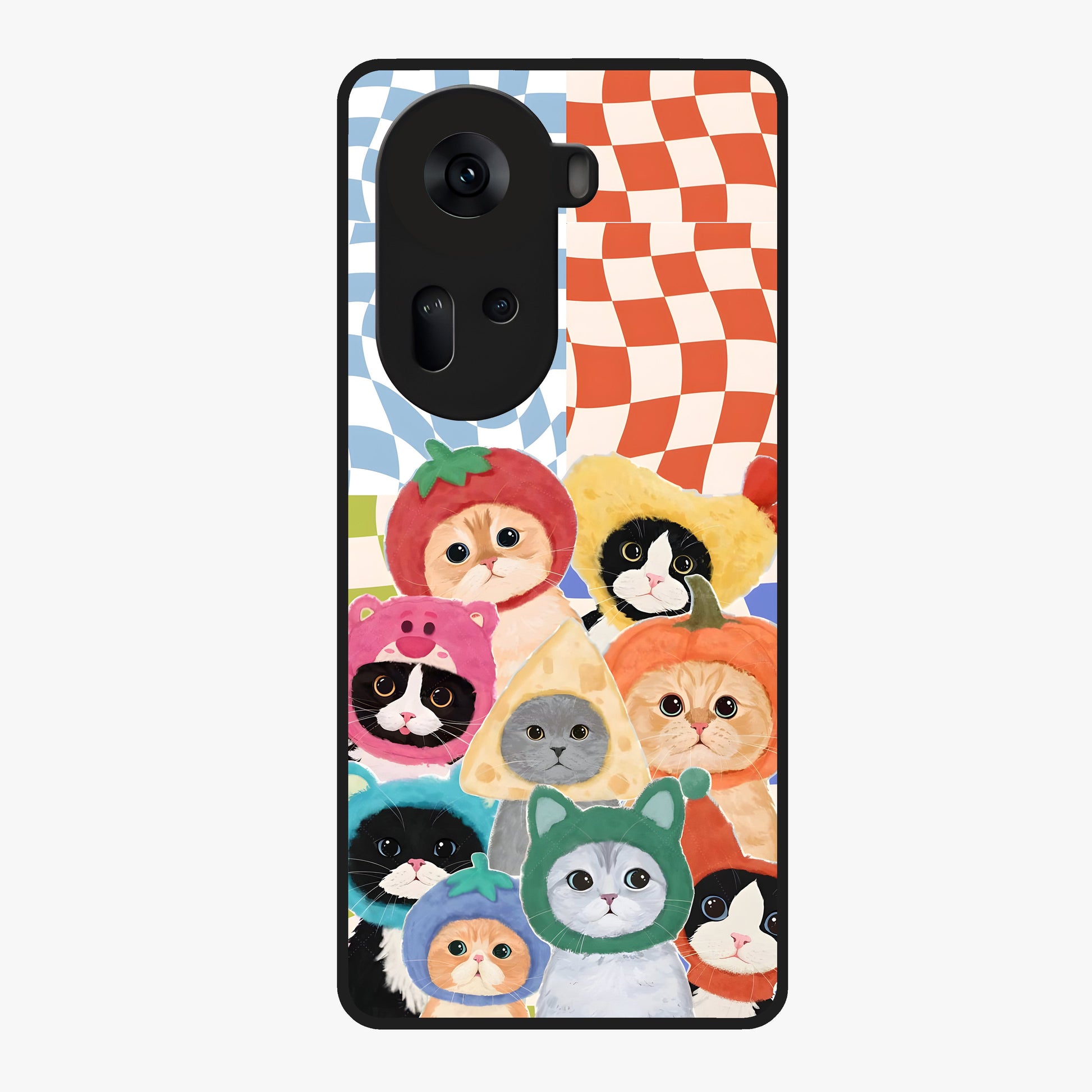 Cats in Fruits Glass Case showing flat back view with playful cat illustrations inside fruit artwork and glossy glass finish.