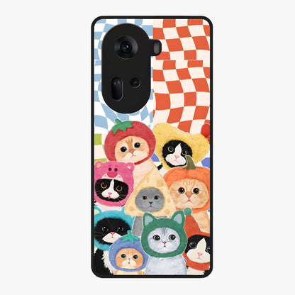 Cats in Fruits Glass Case showing flat back view with playful cat illustrations inside fruit artwork and glossy glass finish.