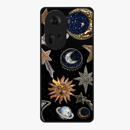 Celestial Gem Constellations Glass Case showing flat back view with sparkling constellation artwork and glossy glass finish.