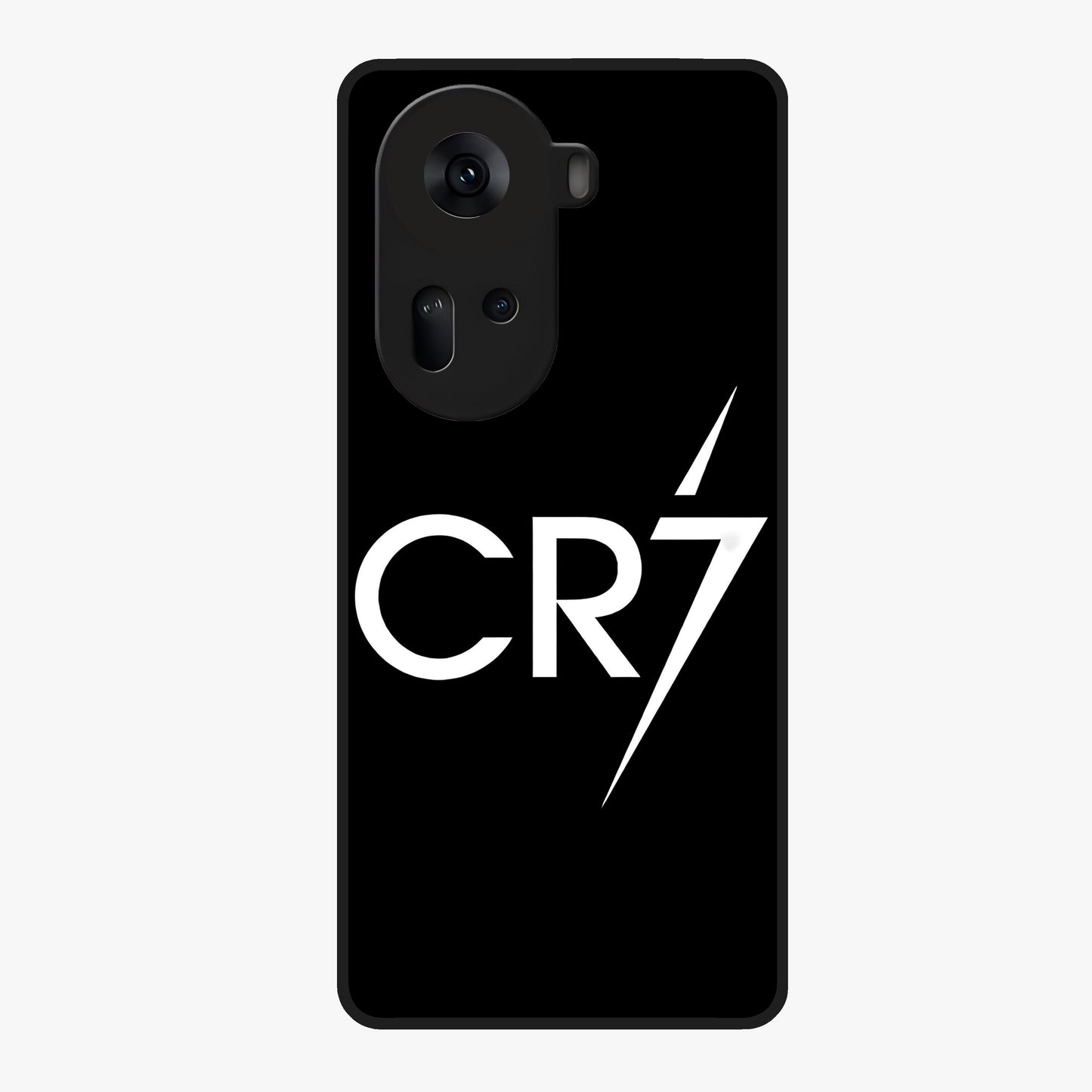 Cr7 Elite Strike Glass Case showing flat back view with dynamic football inspired artwork and glossy glass finish.