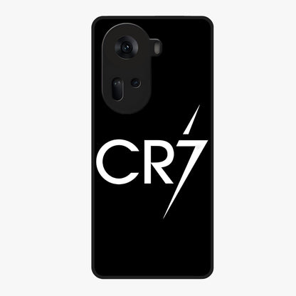 Cr7 Elite Strike Glass Case showing flat back view with dynamic football inspired artwork and glossy glass finish.