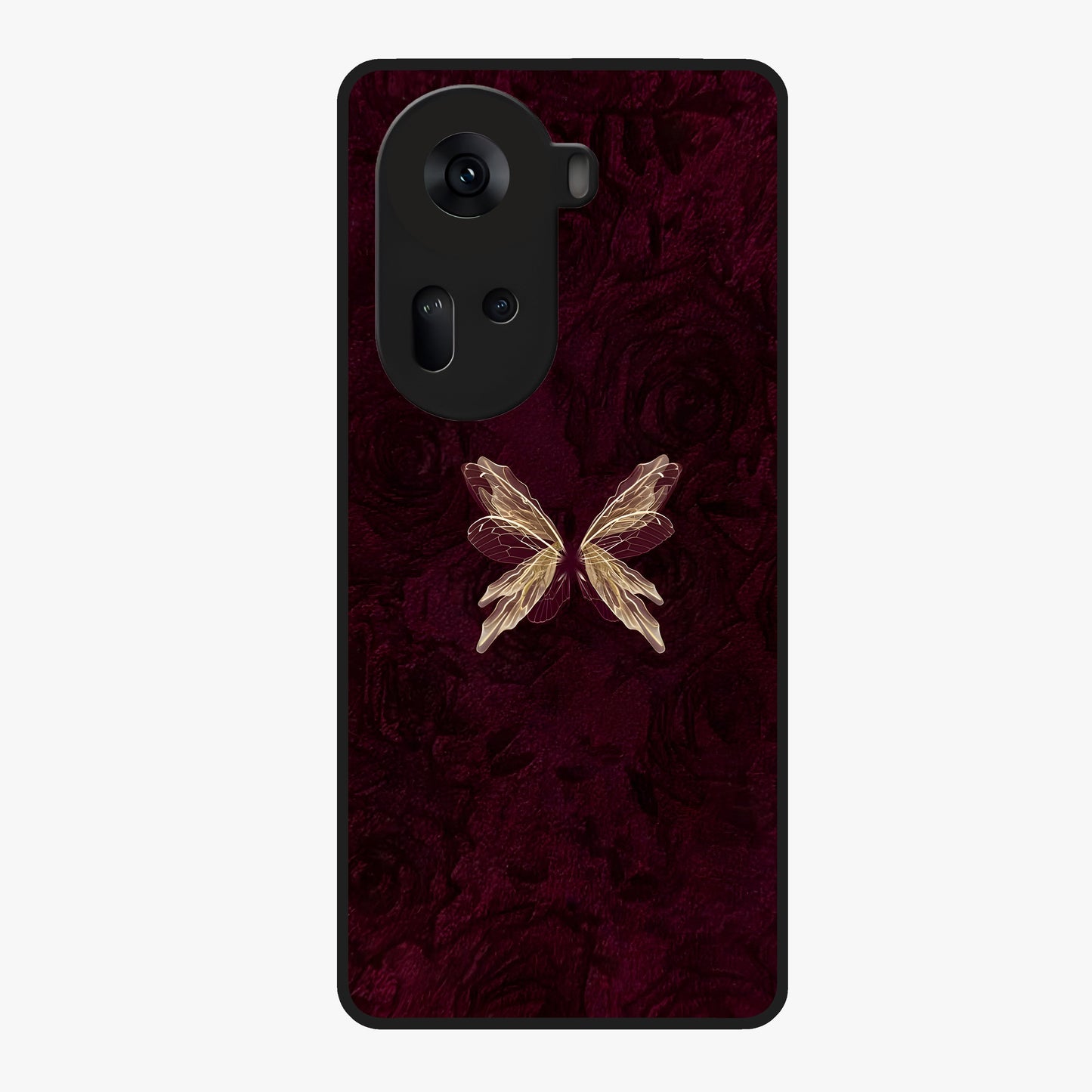 Crimson Fade Butterfly Glass Case showing flat back view with fading butterfly artwork and glossy glass finish.