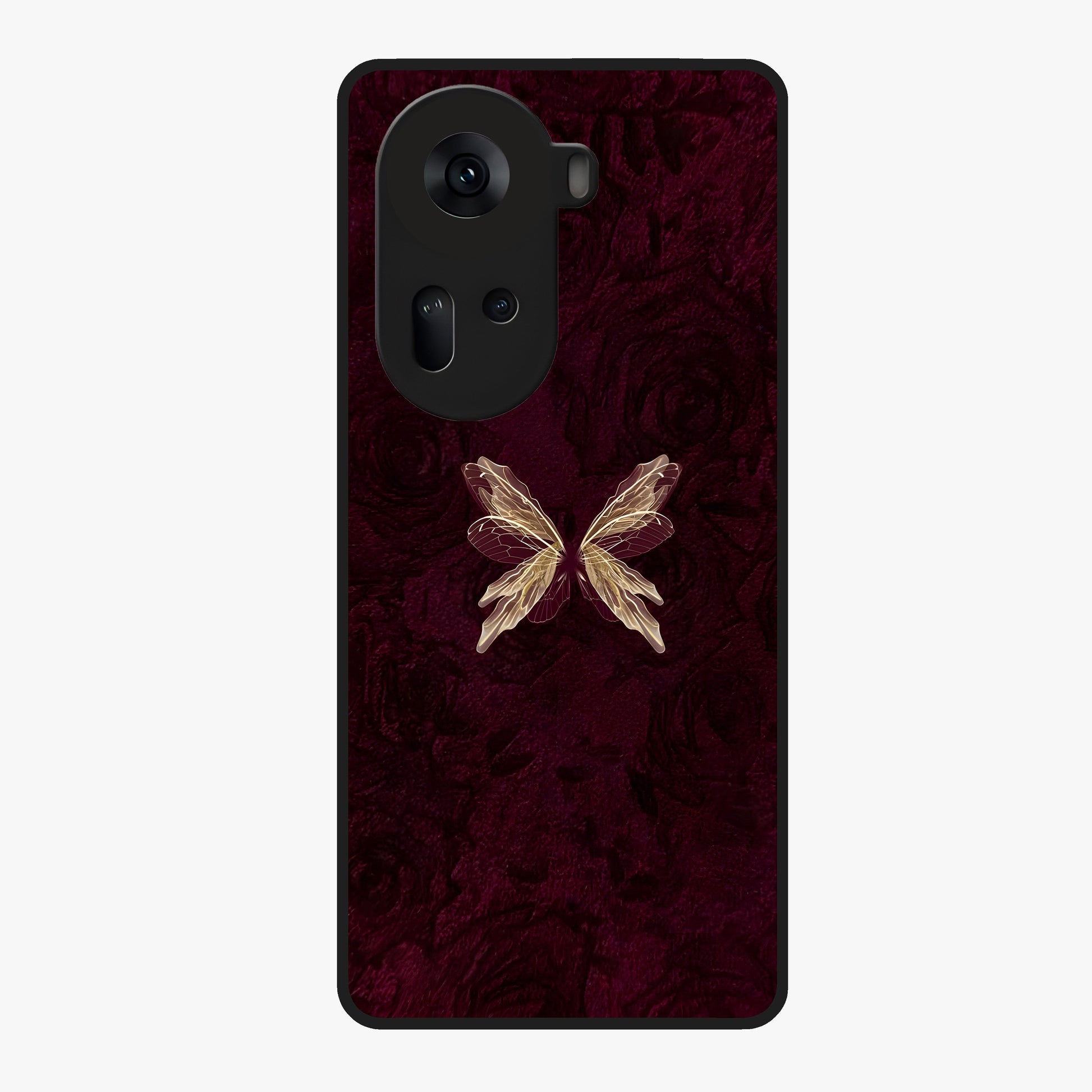 Crimson Fade Butterfly Glass Case showing flat back view with fading butterfly artwork and glossy glass finish.