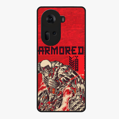 Crimson Mecha Titan Glass Case showing flat back view with powerful mech titan artwork and glossy glass finish.