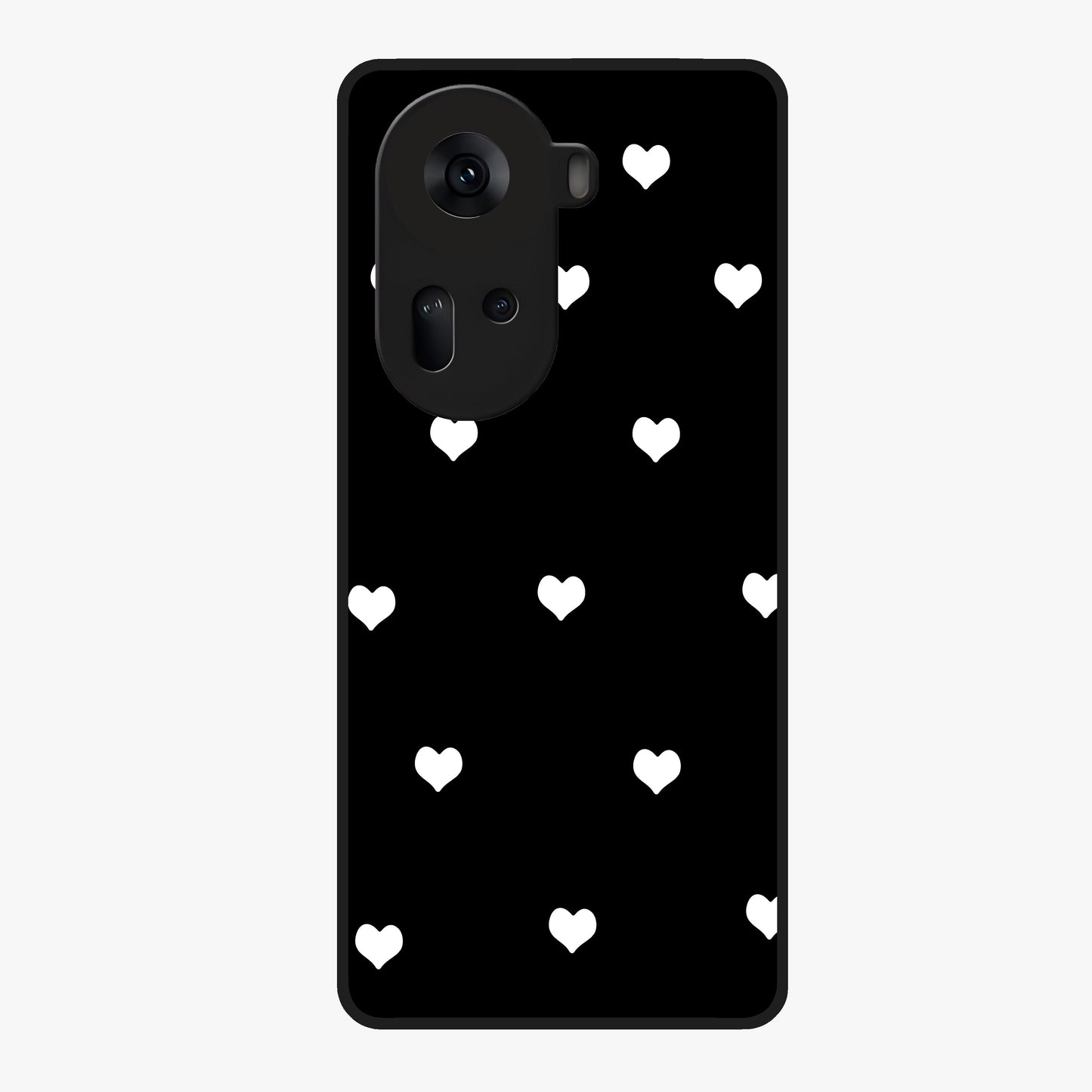 Cute And Simple White Hearts Glass Case showing flat back view with minimal white heart pattern and glossy glass finish.