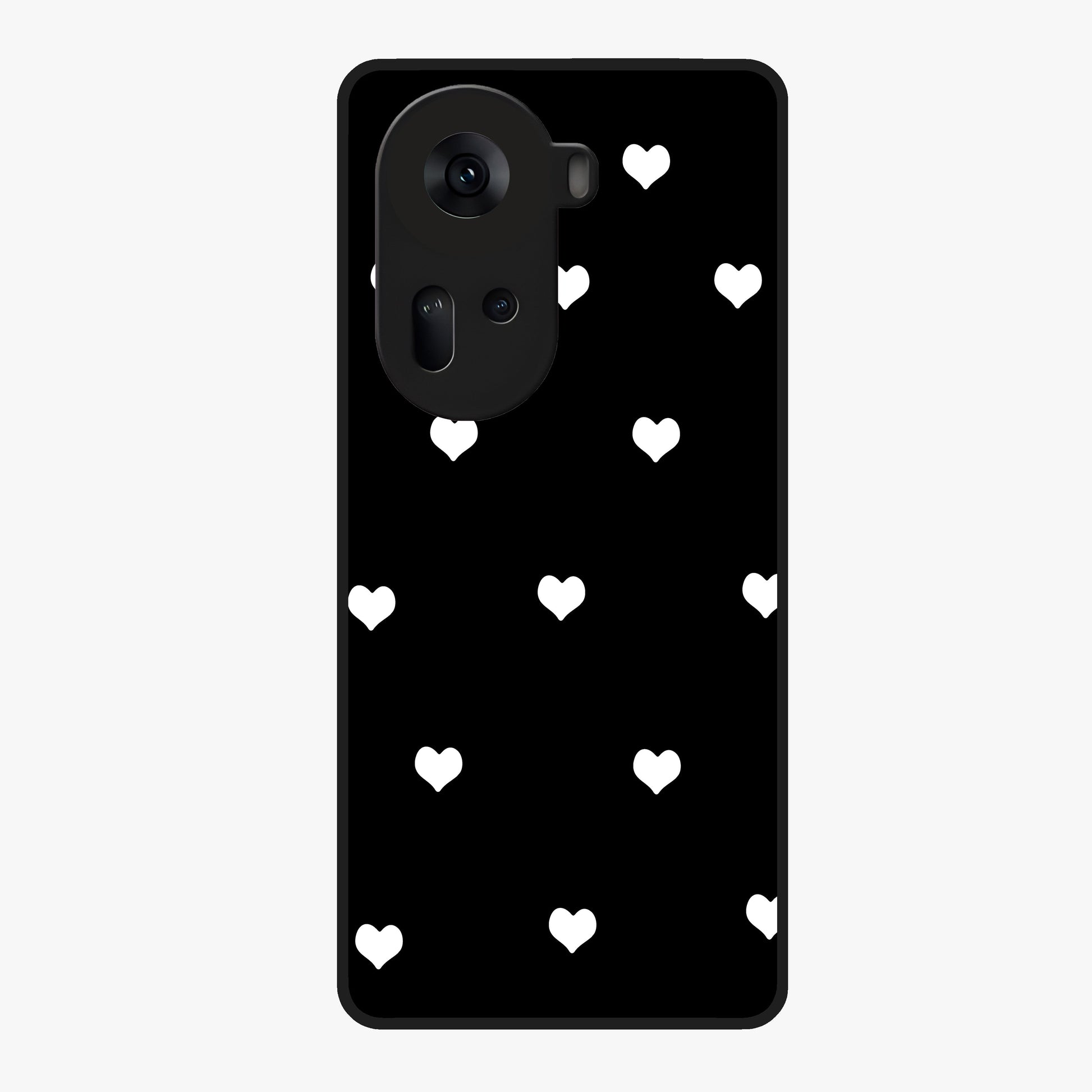 Cute And Simple White Hearts Glass Case showing flat back view with minimal white heart pattern and glossy glass finish.