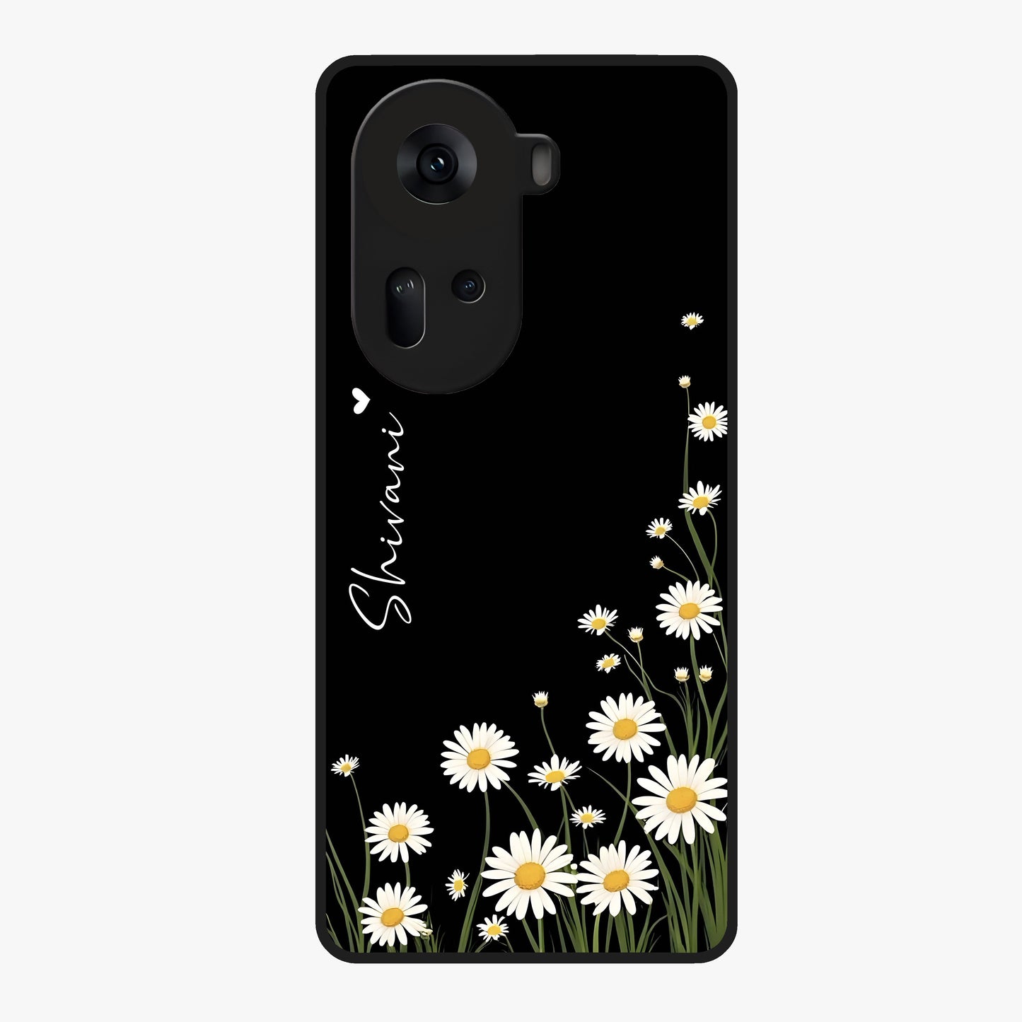 Daisy Cascade Custom Name Glass Case showing flat back view with cascading daisy flowers and personalized name design.