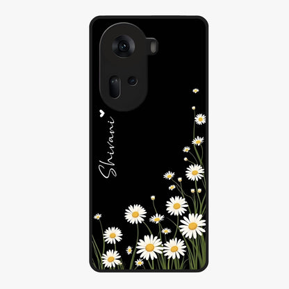 Daisy Cascade Custom Name Glass Case showing flat back view with cascading daisy flowers and personalized name design.