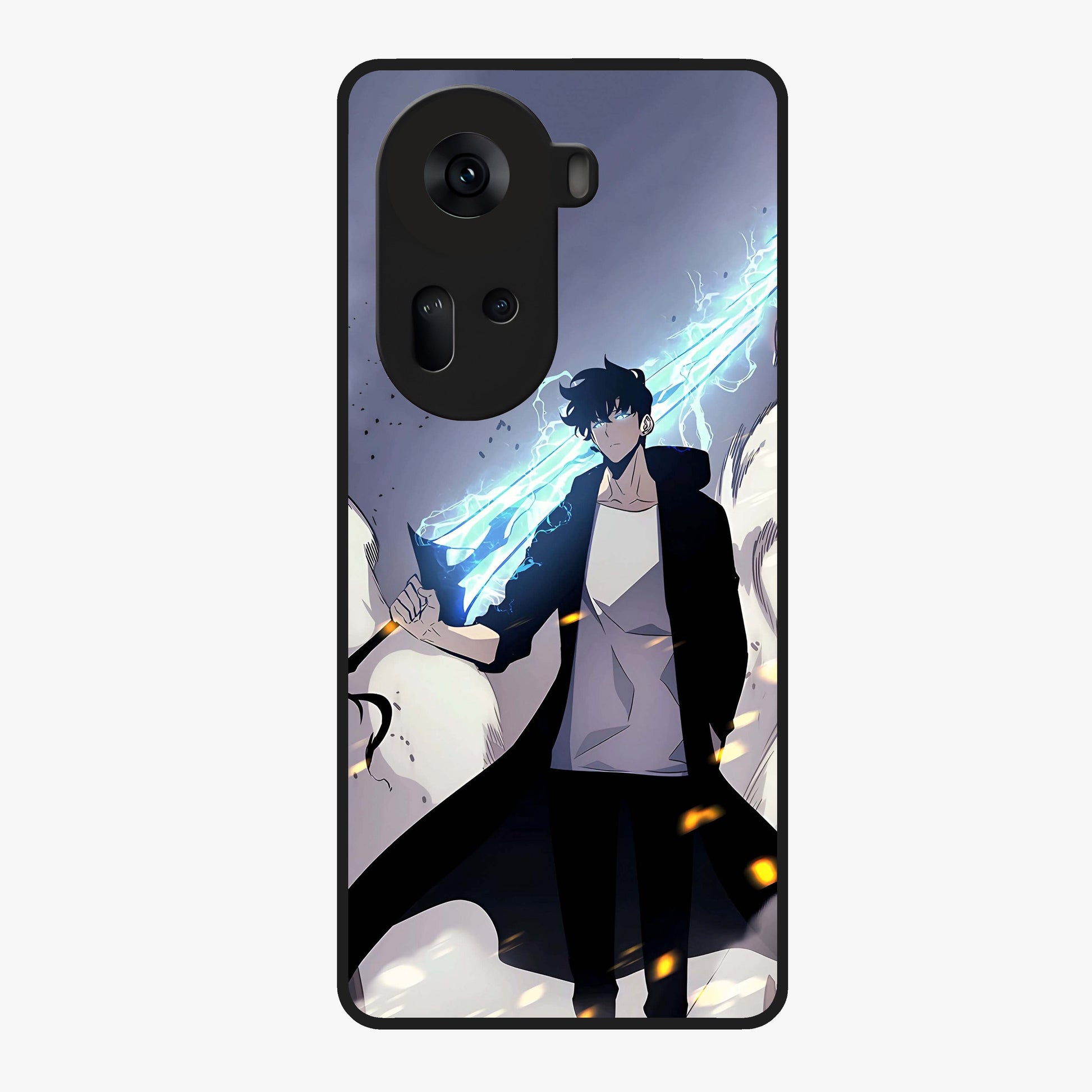 Dark Lightning Anime Warrior Glass Case showing flat back view with intense anime warrior artwork and glossy glass finish.