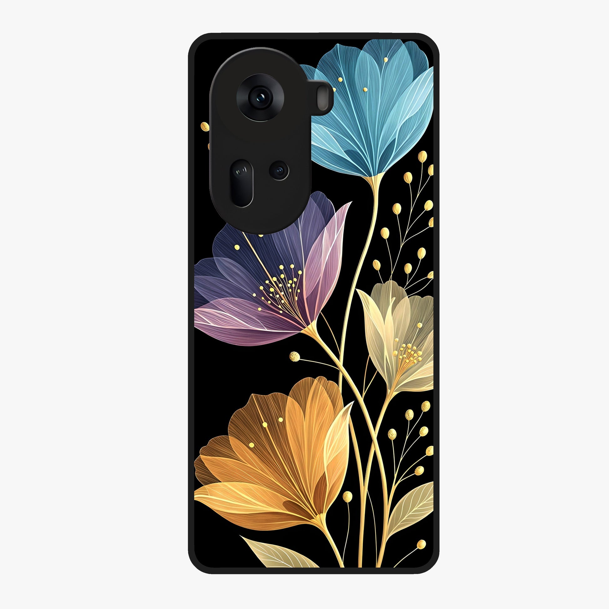 Delicate Multicolor Flowers Glass Case showing flat back view with vibrant floral artwork and glossy glass finish.