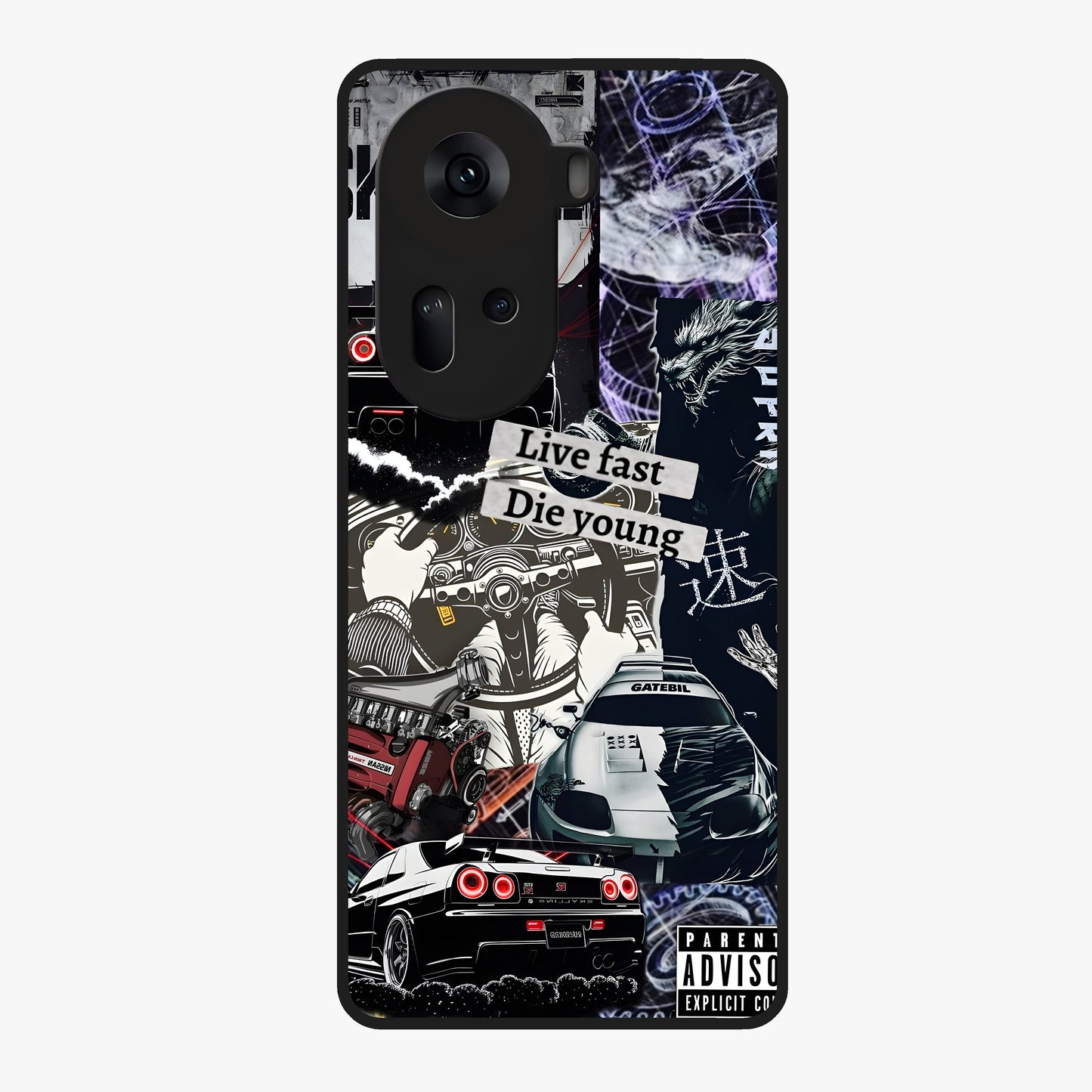 Die Young Glass Case showing flat back view with bold artistic typography design and glossy glass finish.