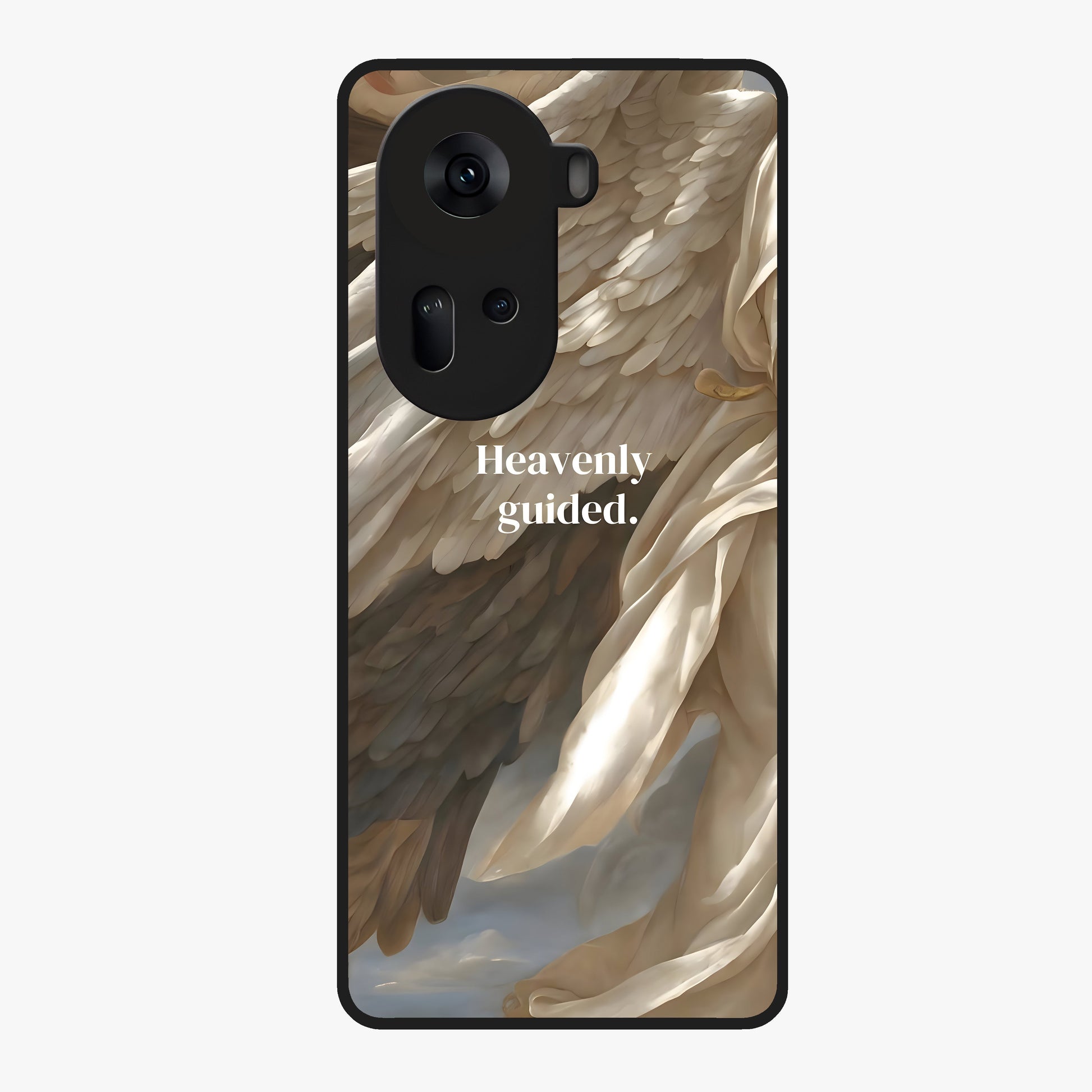 Divine Winged Grace Glass Case showing flat back view with elegant wing inspired artwork and glossy glass finish.