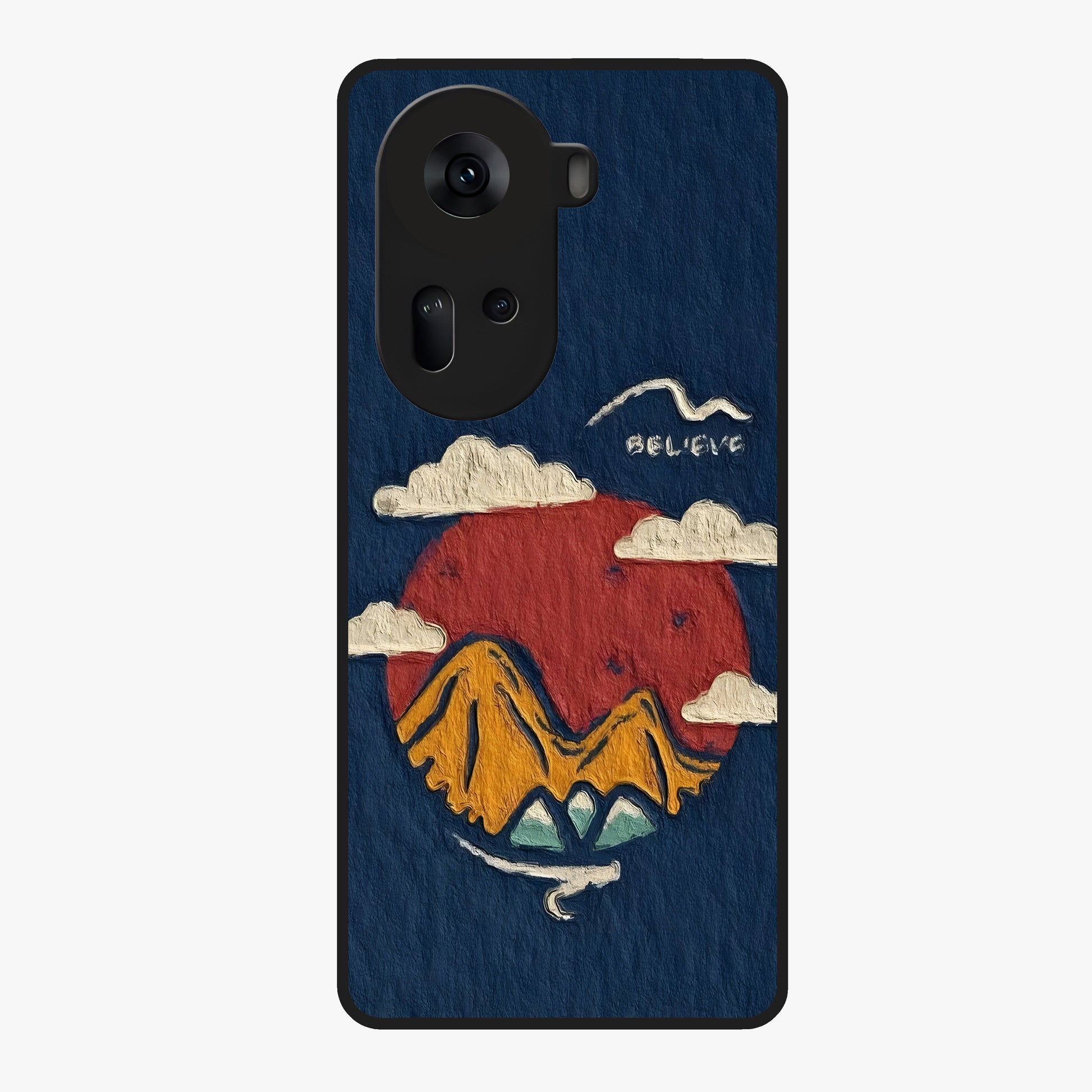 Dream Beyond Mountains Glass Case showing flat back view with scenic mountain landscape artwork and glossy glass finish.