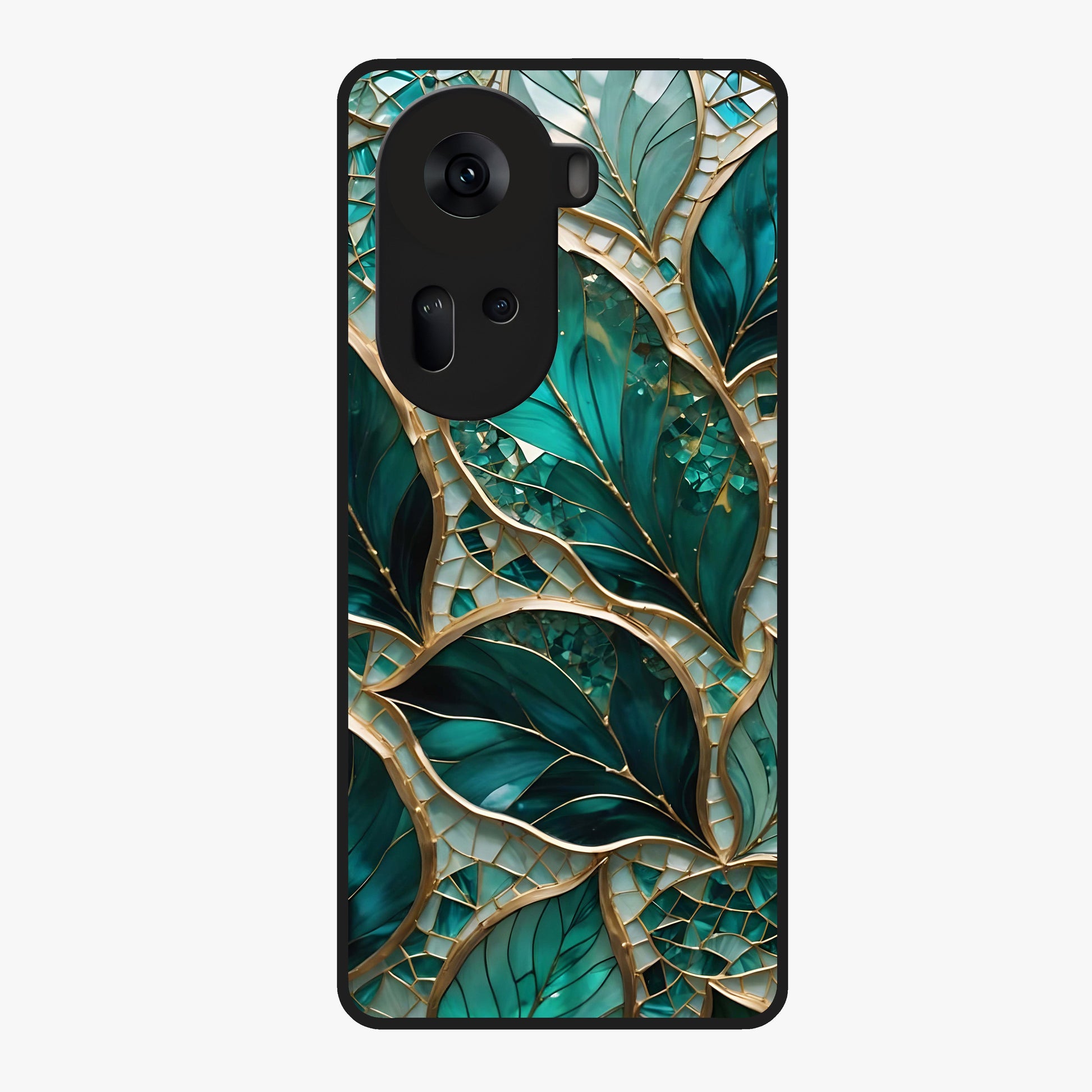 Emerald Leaf Glass Glass Case showing flat back view with emerald green leaf artwork and glossy glass finish.