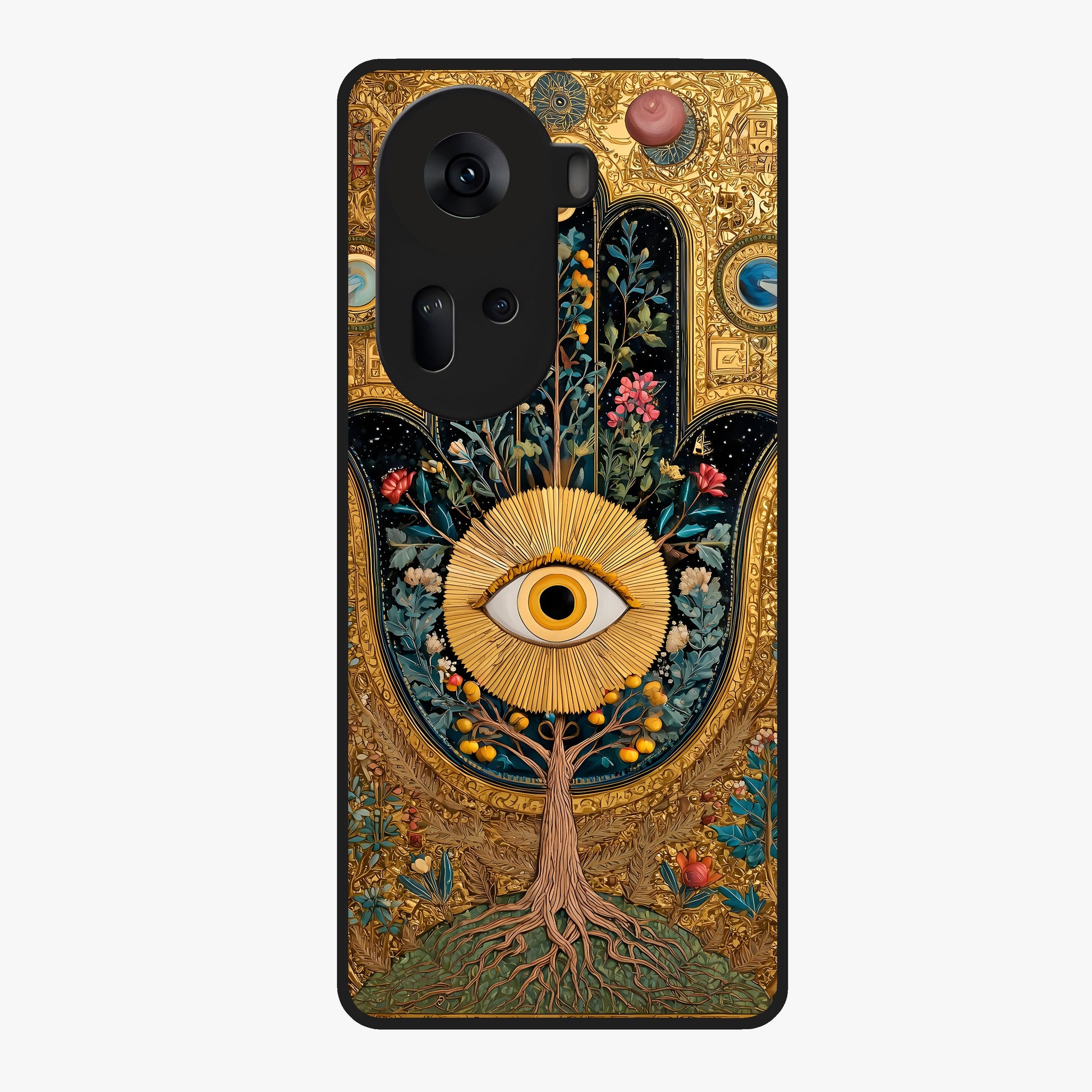 Ethereal Evil Eye Glass Case showing flat back view with mystical evil eye artwork and glossy glass finish.