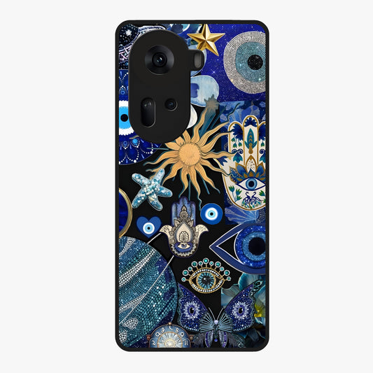 Evil Eye Charm Mix Glass Case showing flat back view with multiple evil eye charms artwork and glossy glass finish.