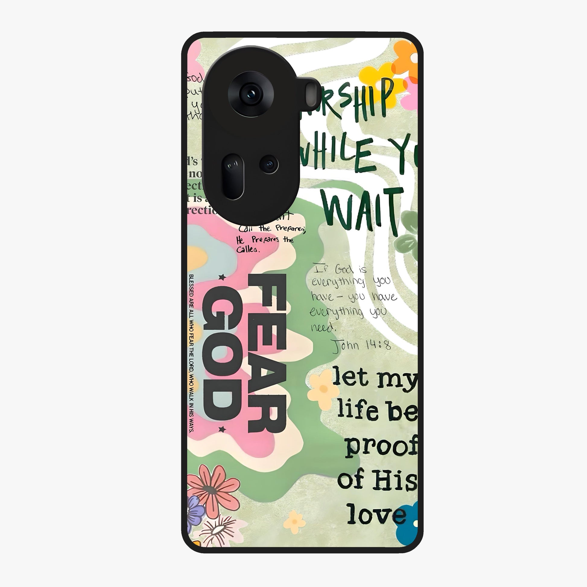 Faith Over Fear Glass Case showing flat back view with motivational typography artwork and glossy glass finish.