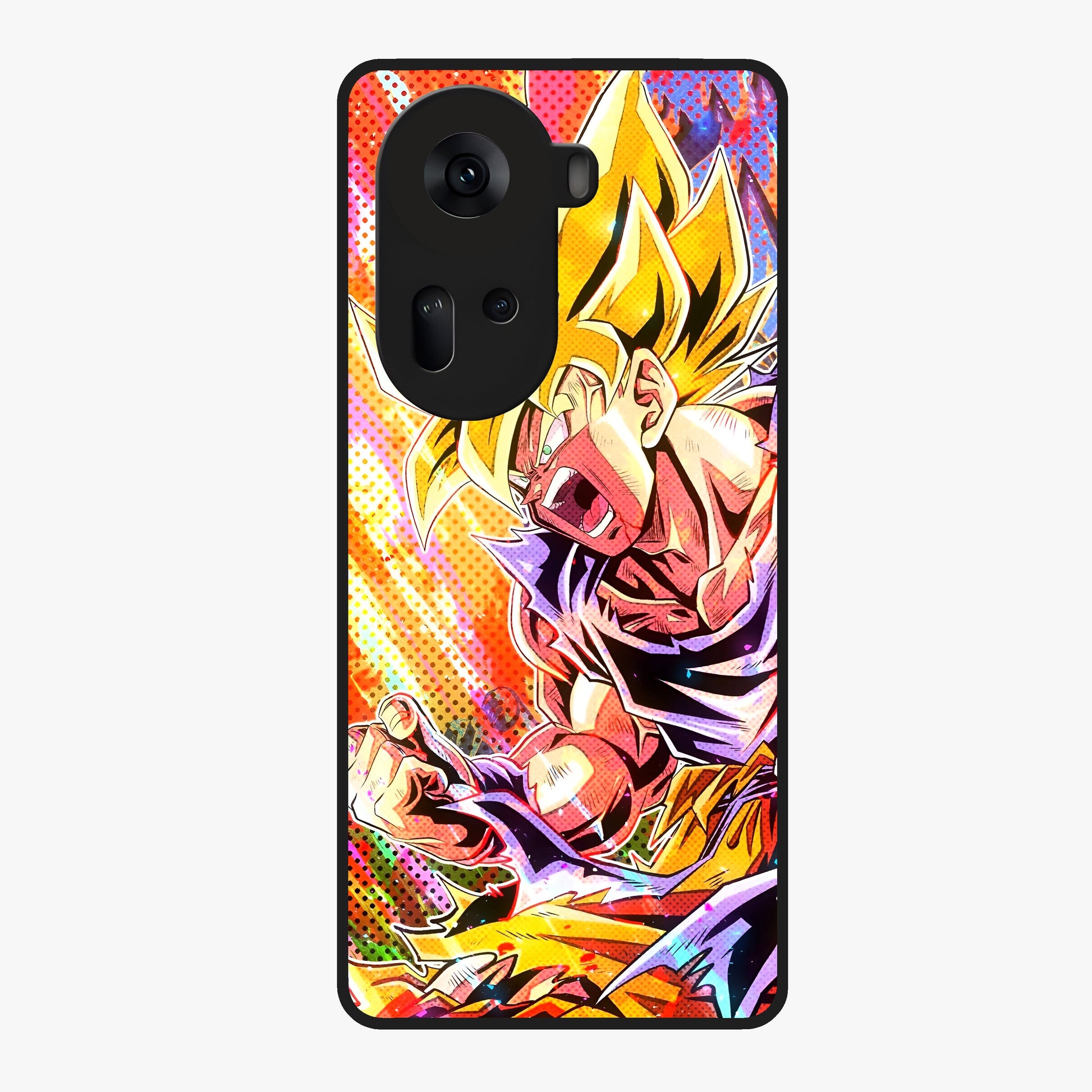 Firing Goku Glass Case showing flat back view with powerful anime inspired artwork and glossy glass finish.