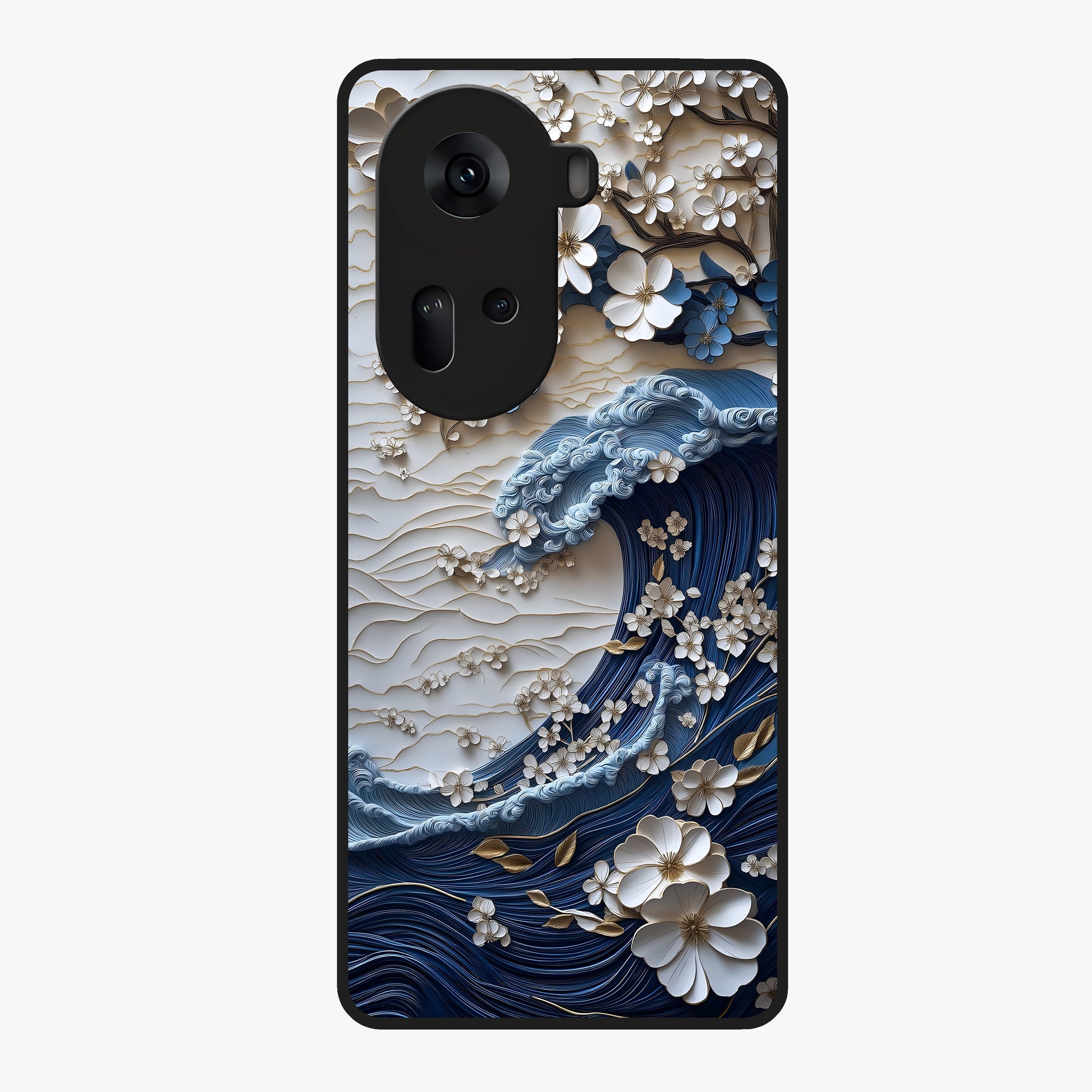 Floral Wave Origami Glass Case showing flat back view with origami inspired floral wave artwork and glossy glass finish.