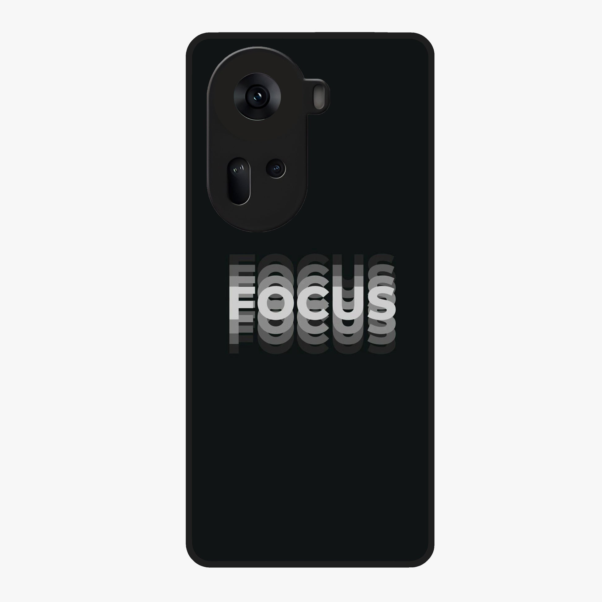 Focus Mode On Glass Case showing flat back view with bold motivational typography design and glossy glass finish.