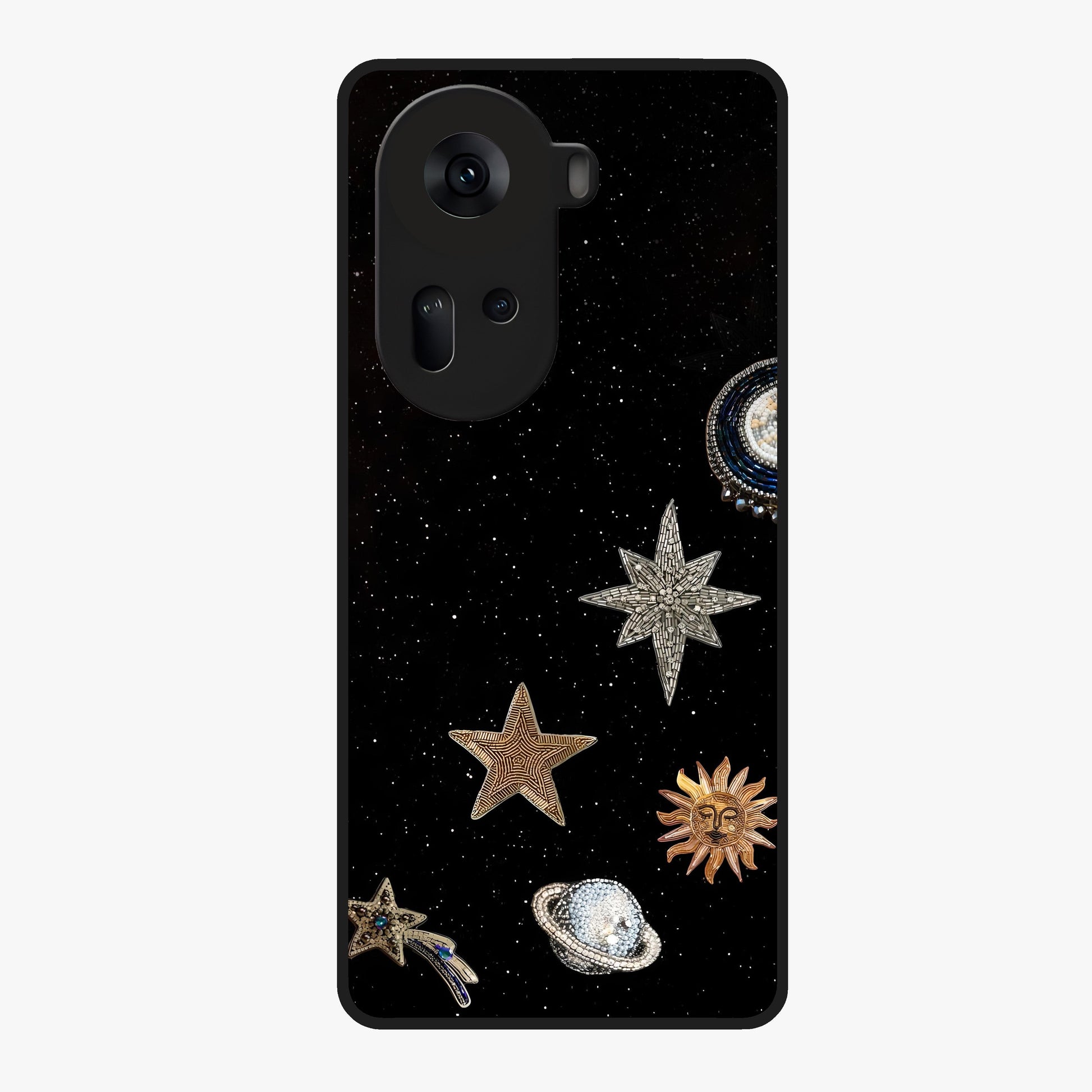 Galactic Charm Glow Glass Case showing flat back view with glowing celestial charm artwork and glossy glass finish.