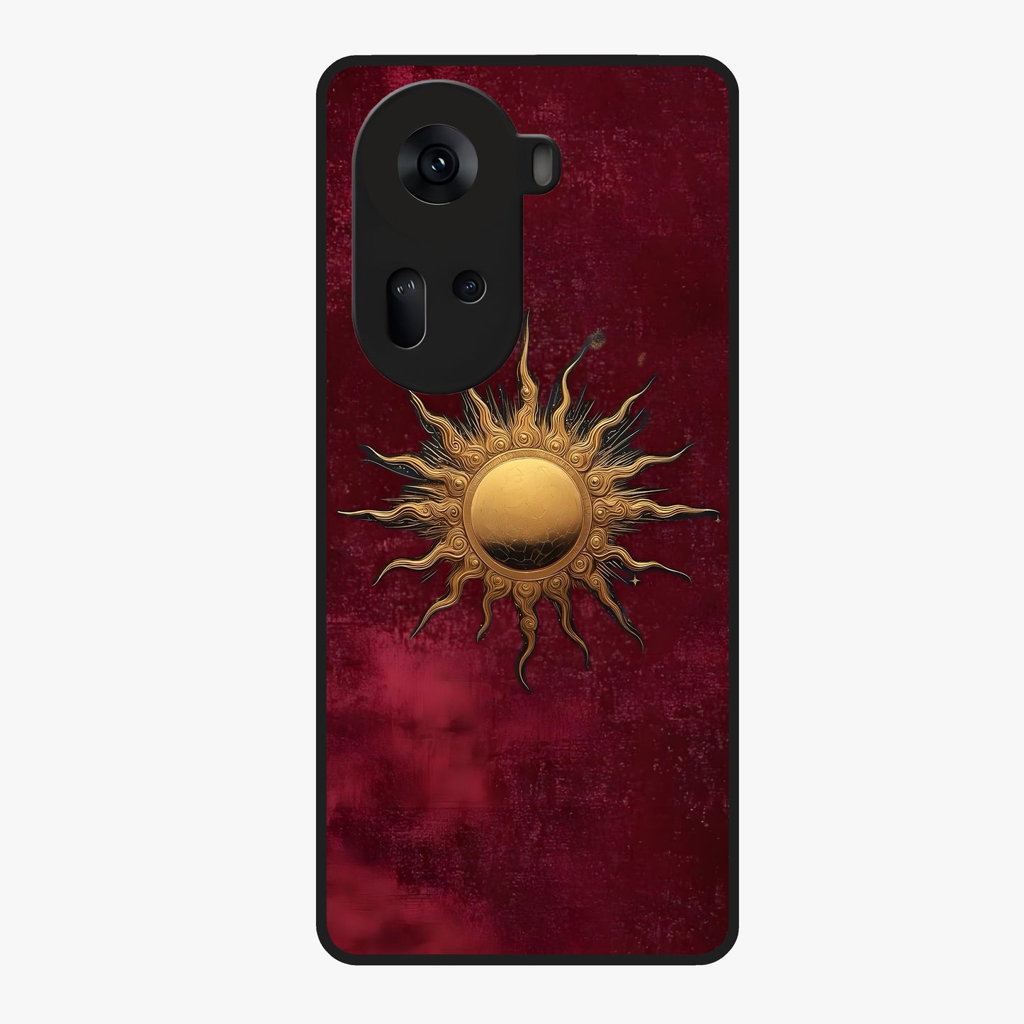 Gold Sun Blush Glass Case showing flat back view with golden sun inspired artwork and glossy glass finish.