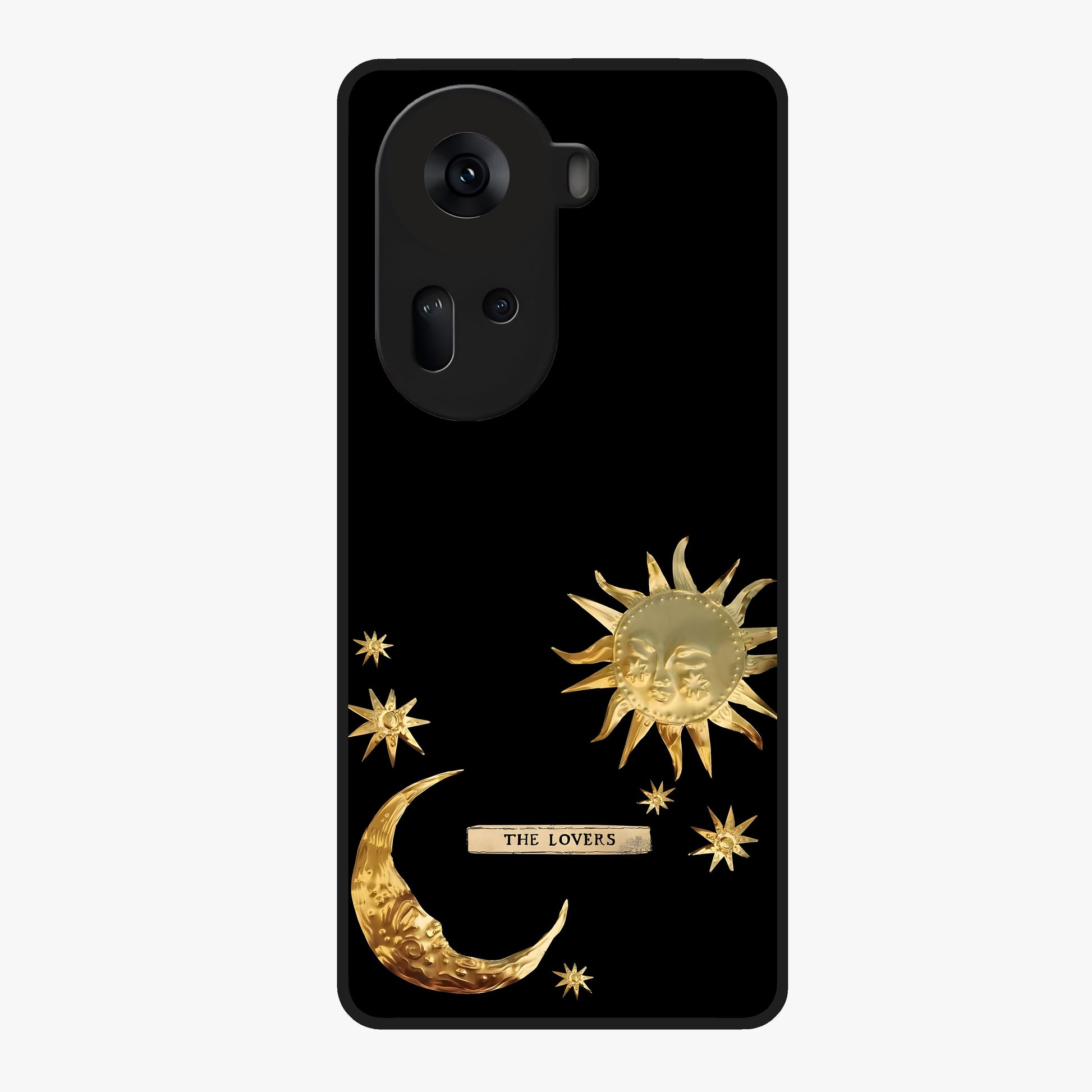 Golden Celestial Charm Glass Case showing flat back view with golden celestial charm artwork and glossy glass finish.