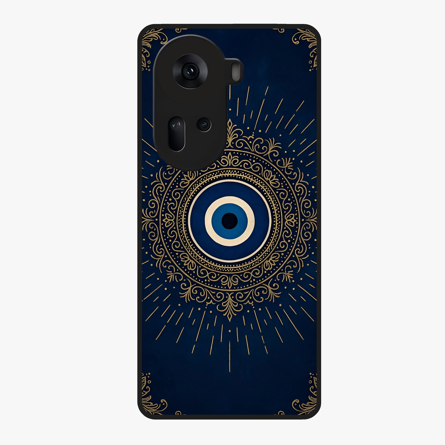 Golden Evil Eye Mandala Glass Case showing flat back view with intricate evil eye mandala artwork and glossy glass finish.