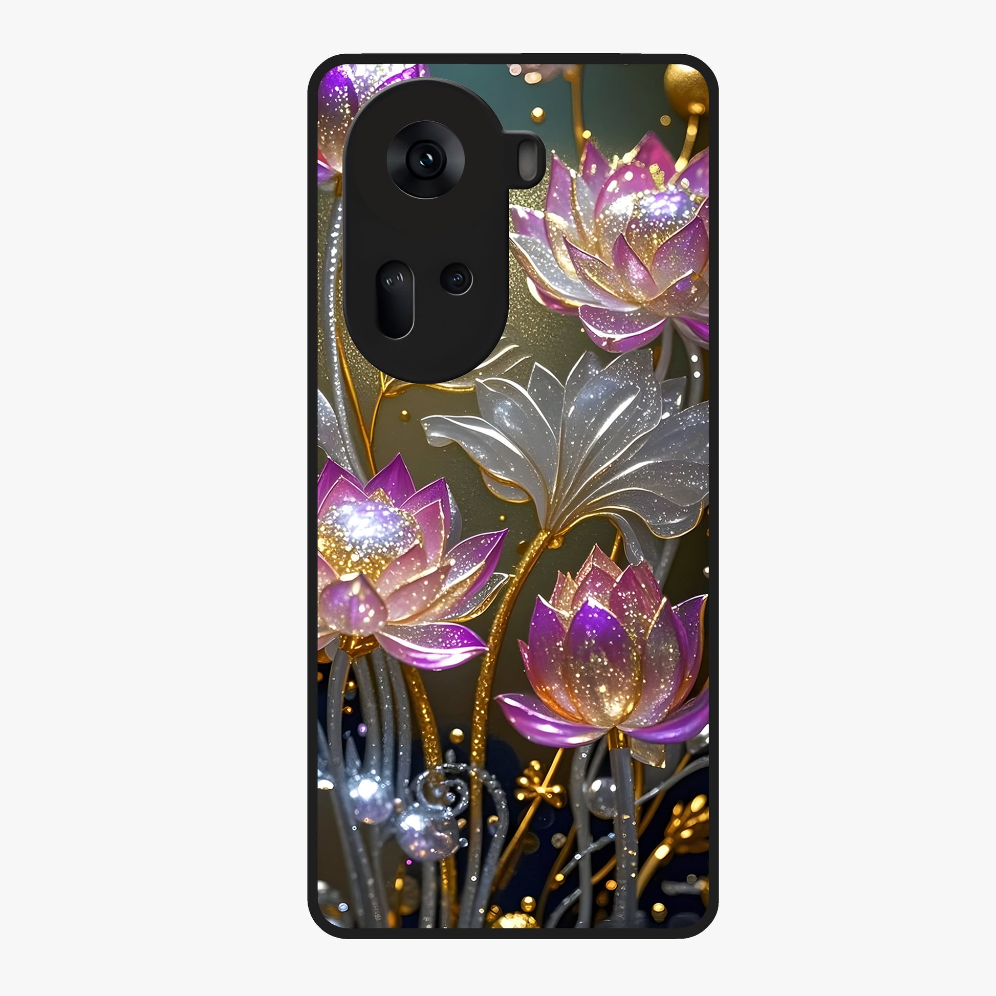 Golden Lotus Glow Glass Case showing flat back view with glowing lotus flower artwork and glossy glass finish.