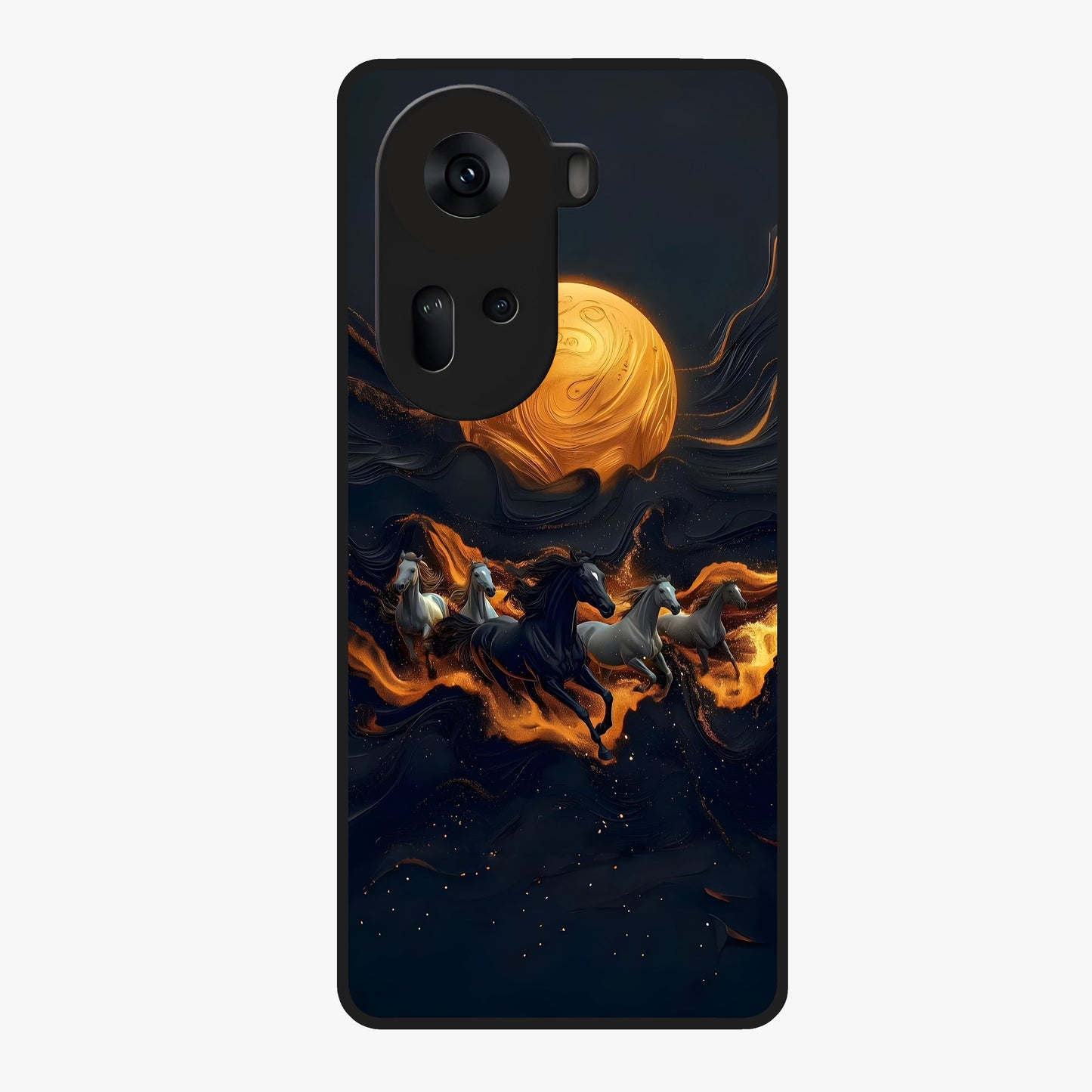 Golden Stallion Moonride Glass Case showing flat back view with majestic horse under moonlight artwork and glossy glass finish.