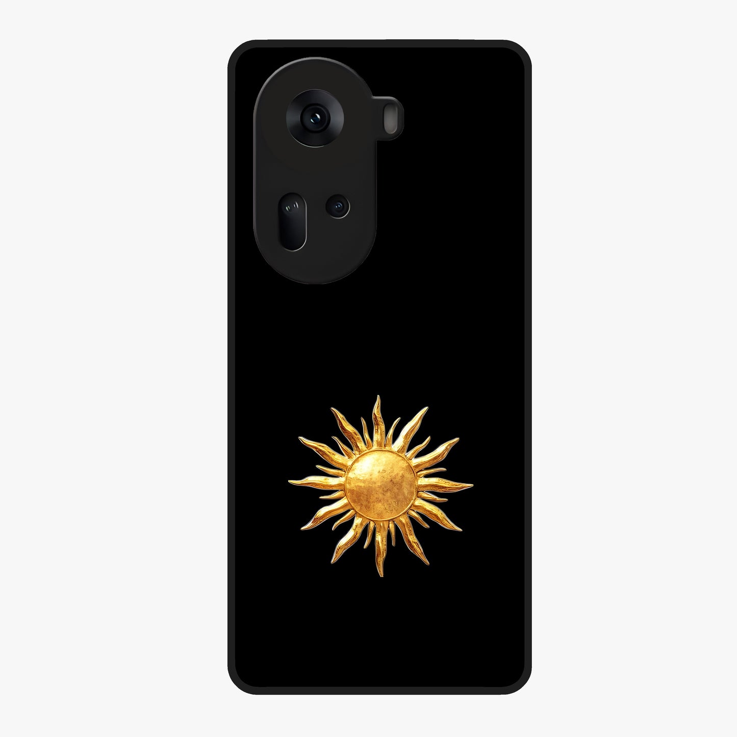 Golden Sun Minimalism Glass Case showing flat back view with minimal golden sun artwork and glossy glass finish.