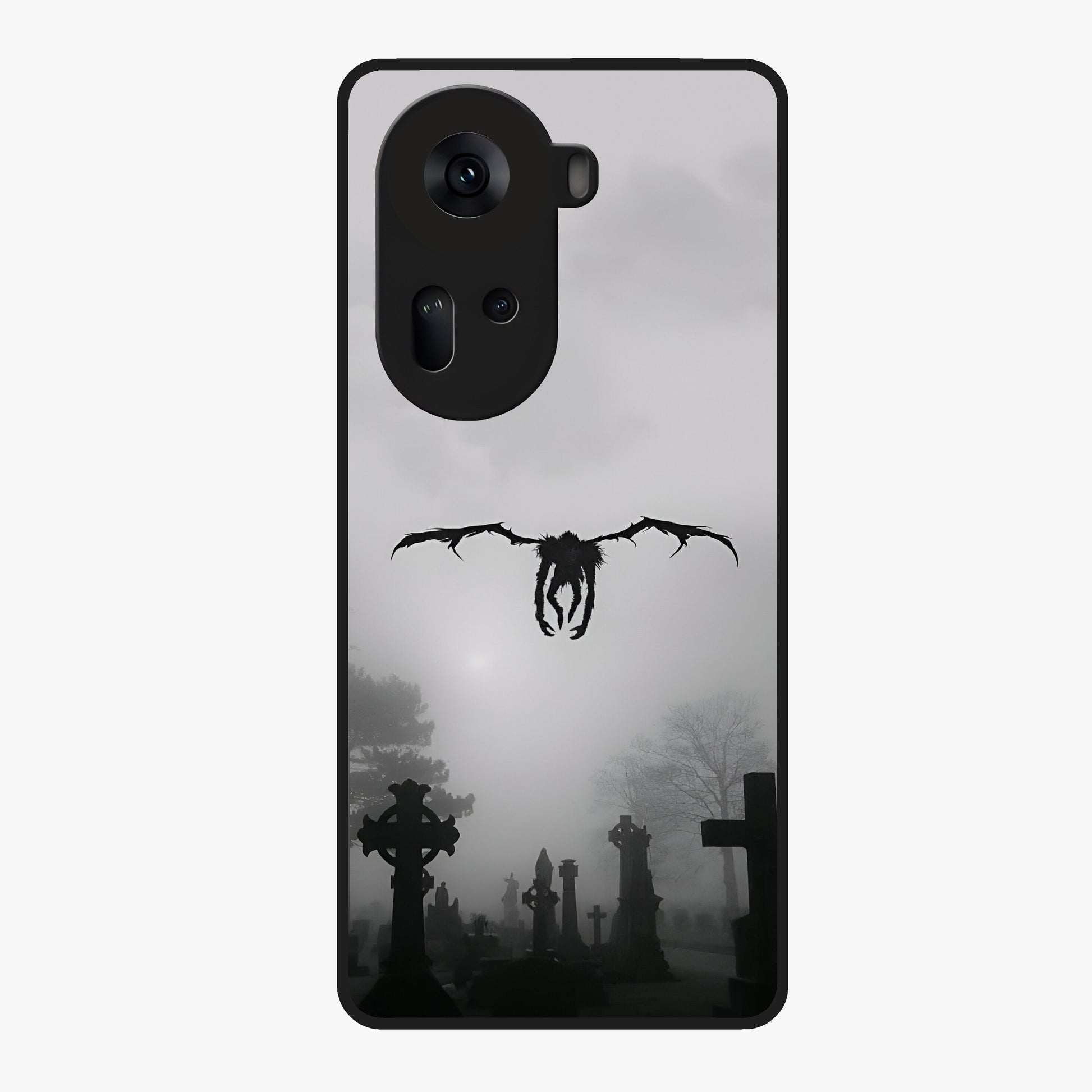 Graveyard Shadow Descent Glass Case showing flat back view with dark graveyard themed artwork and glossy glass finish.