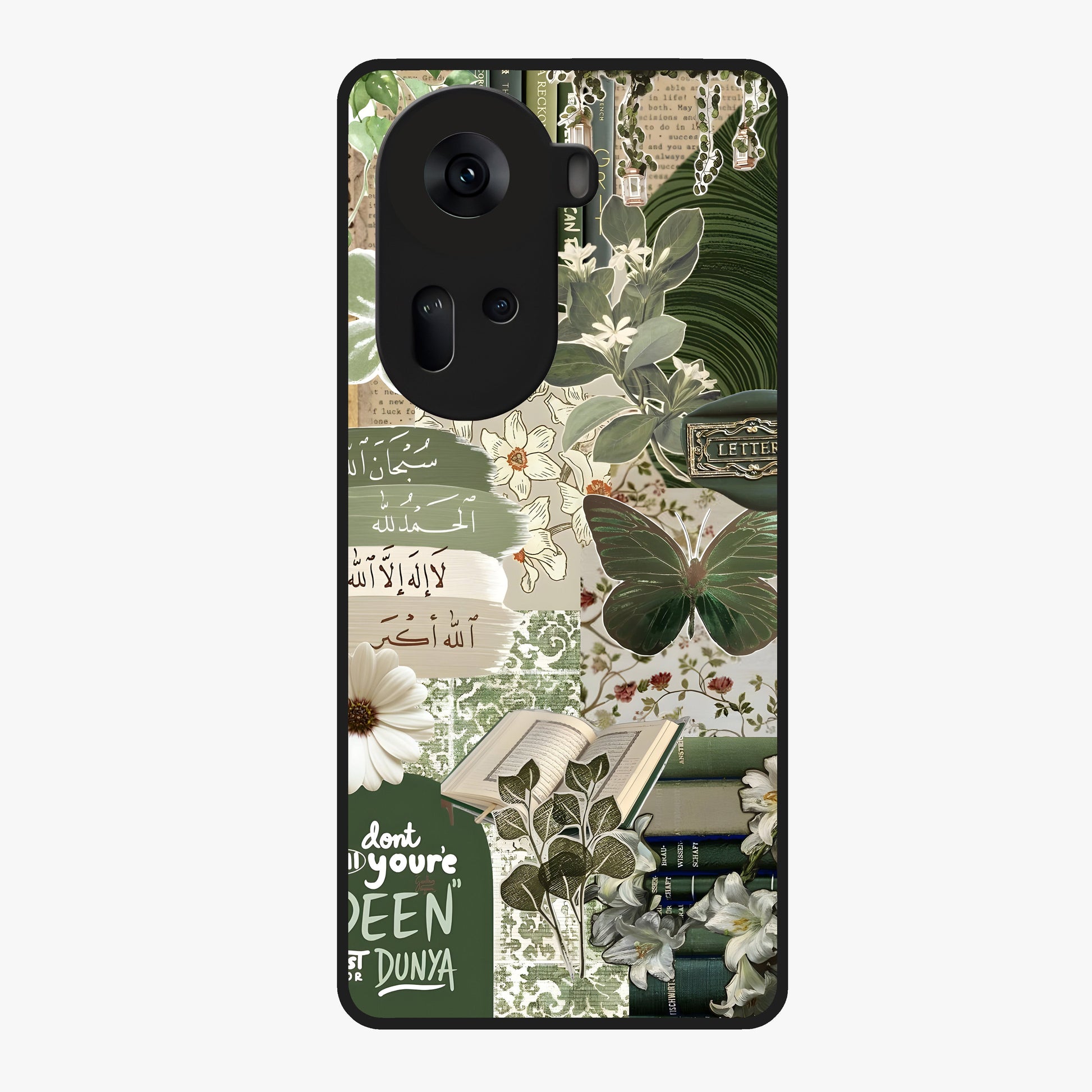 Green Islamic Books Quotes Glass Case showing flat back view with Islamic quotes and book themed artwork and glossy glass finish.