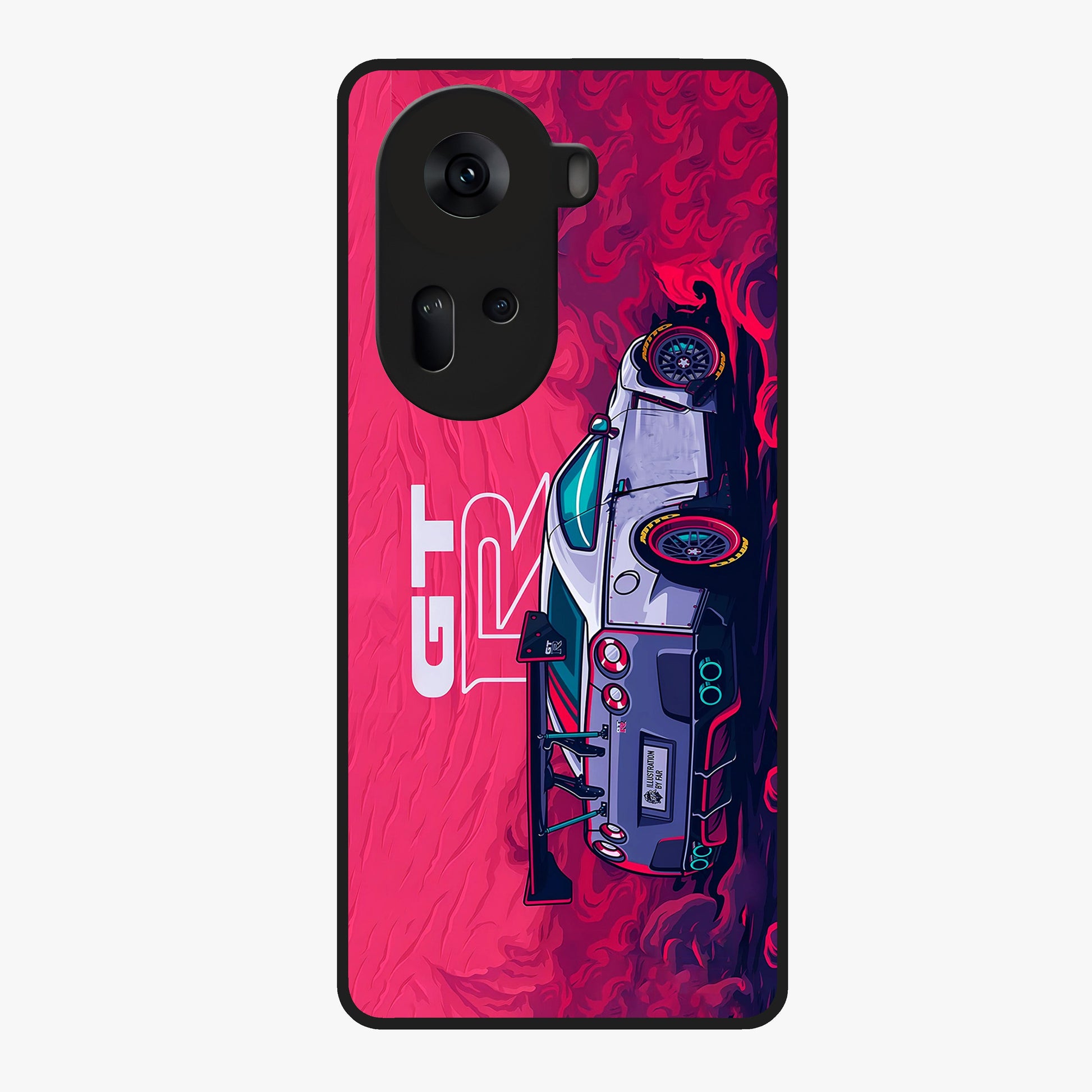 GT-R Car Pattern Glass Case showing flat back view with sporty car inspired pattern artwork and glossy glass finish.