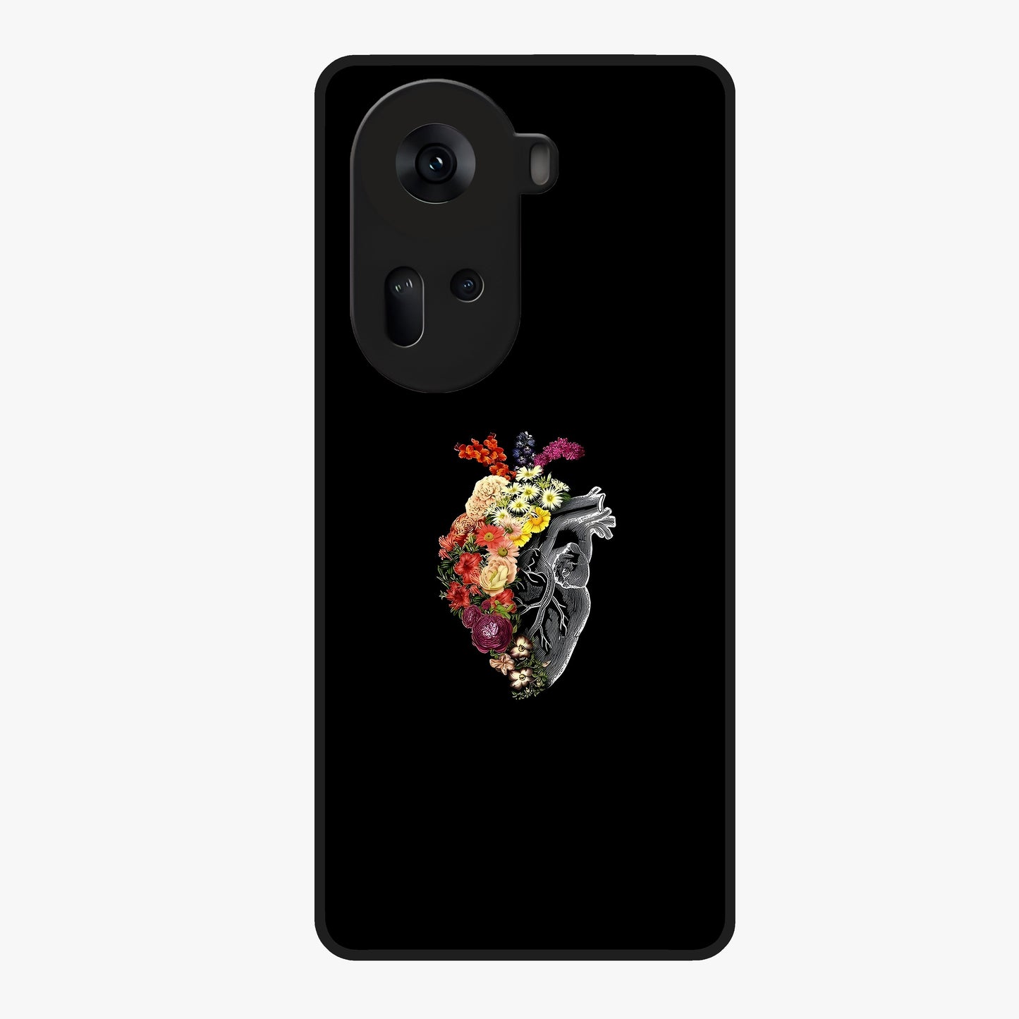 Heart With Flowers Glass Case showing flat back view with heart shaped floral artwork and glossy glass finish.
