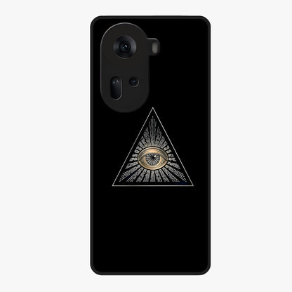 Illuminati Evil Glass Case showing flat back view with mysterious illuminati symbol artwork and glossy glass finish.