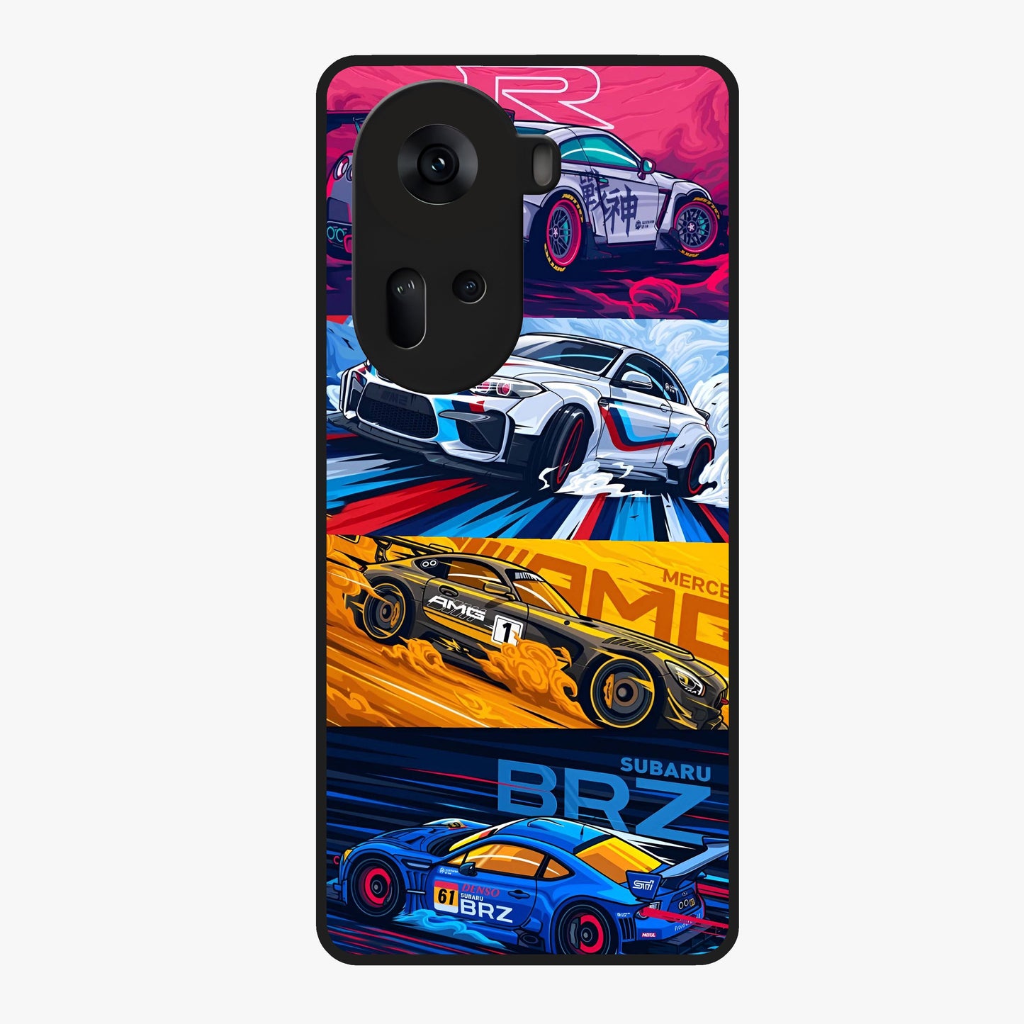 JDM Sports Car Glass Case showing flat back view with high performance sports car artwork and glossy glass finish.