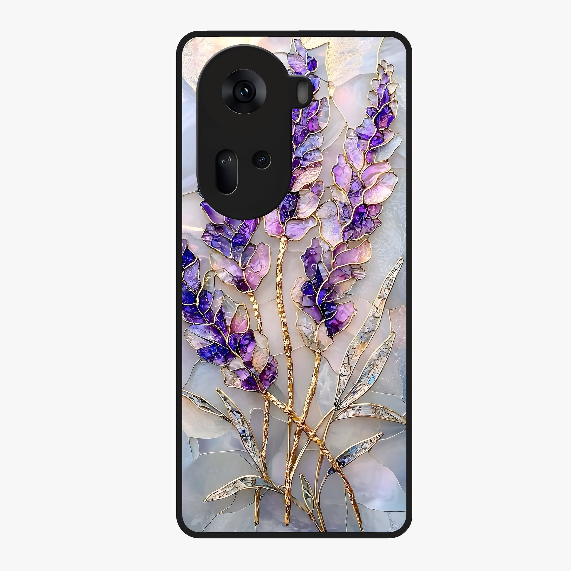 Lavender Dream Glow Glass Case showing flat back view with glowing lavender aesthetic artwork and glossy glass finish.