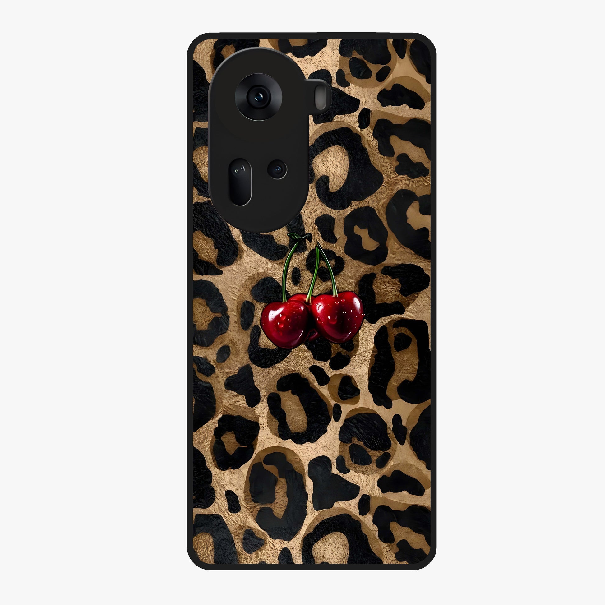 Leopard Wild Cherry Glass Case showing flat back view with leopard pattern and cherry artwork and glossy glass finish.